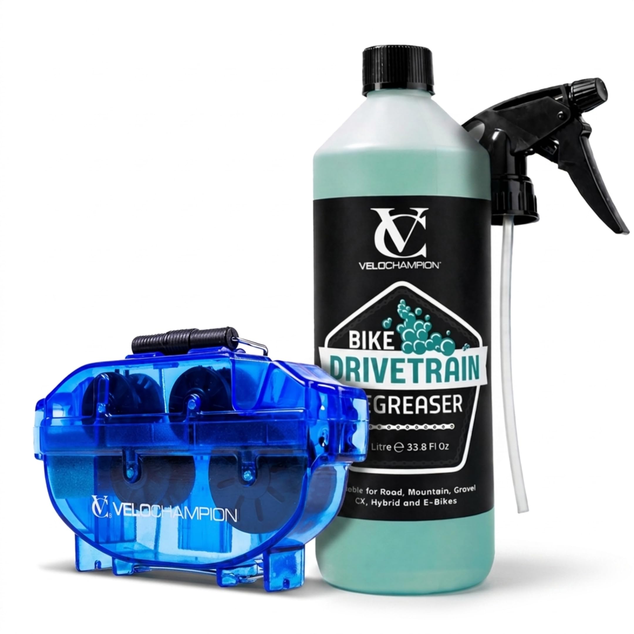 VeloChampion Kit Nettoyage Chaîne Vélo + Spray Dégraissant 1 L | Élimine saleté & rouille avec un dégraissant biodégradable à action rapide pour chaîne, cassette & transmission de tous vélos