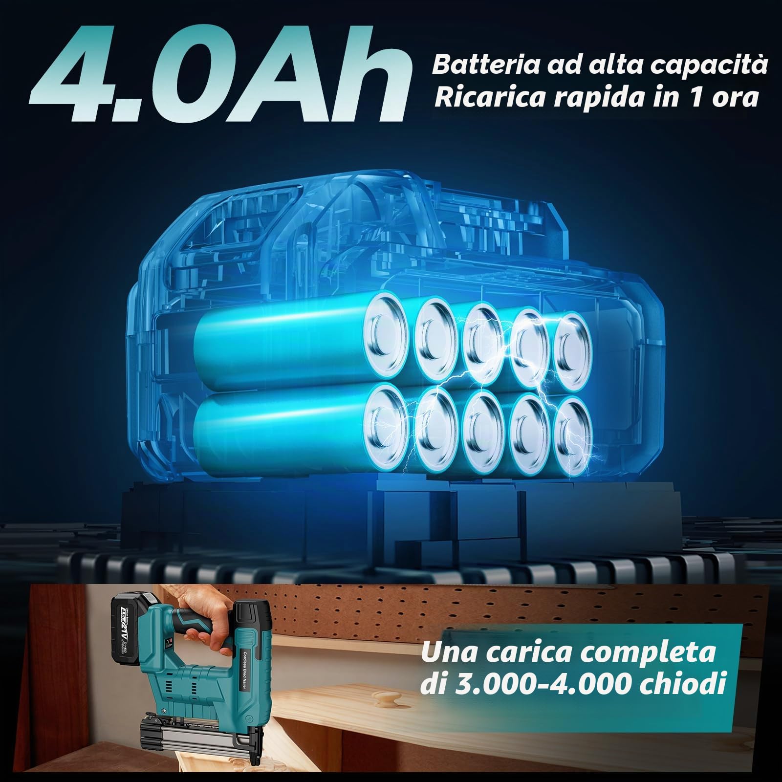 Yofuly Sparachiodi a Batteria Compatibile con Makita 18V 21V Batteria, 1 x4000mAh Batteria e Caricabatteria 3000 chiodi Pistola Graffatrice Elettrica per Legno DIY Tappezzeria Falegnameria