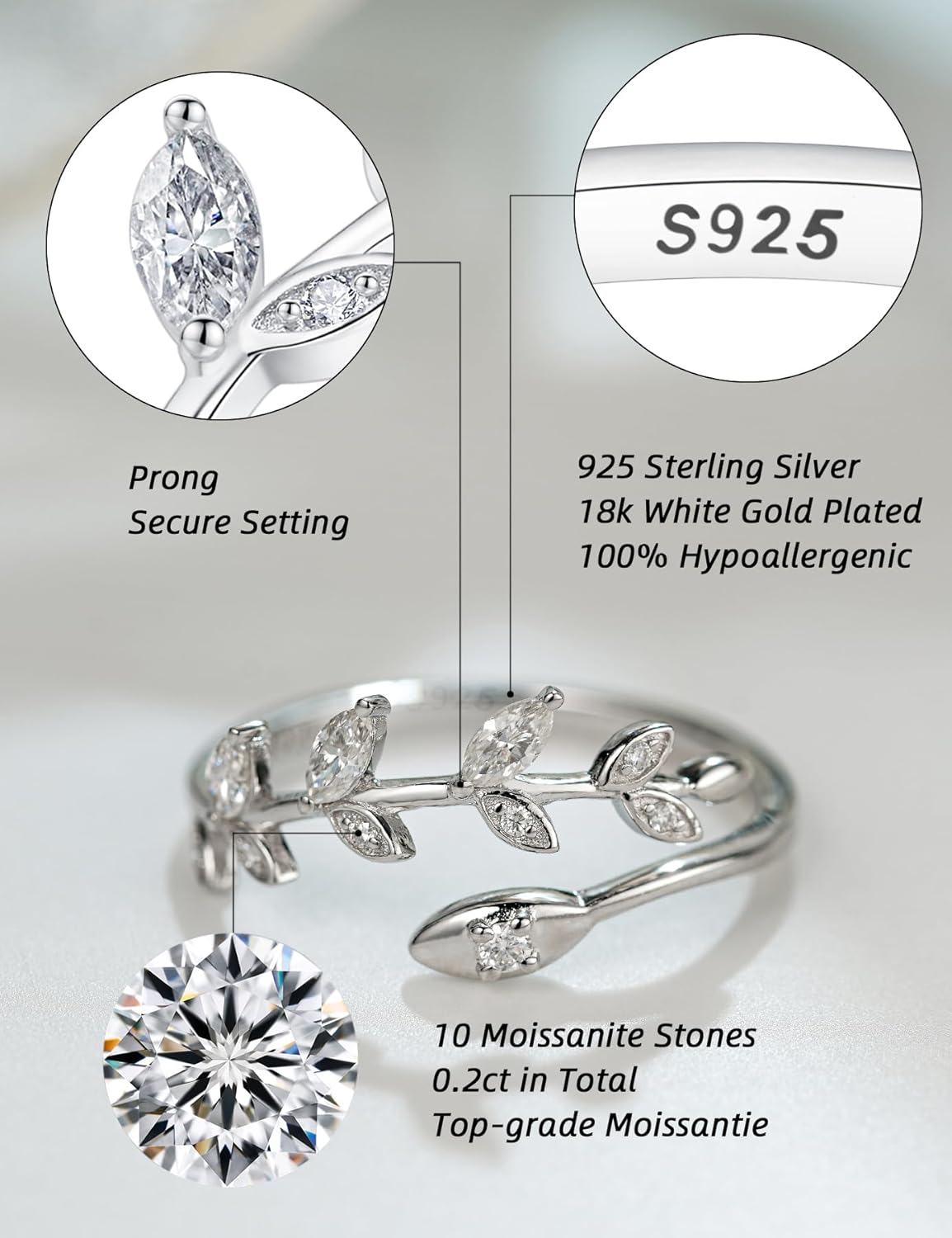 IMOLOVE Moissanite Wedding Bands for Women, 0.2 Carat Simple Moissanite Eternity Adjustable Rings for Women Trendy Elegant Stackable Leaf Rings with 18K White Gold Plated Size 5-10