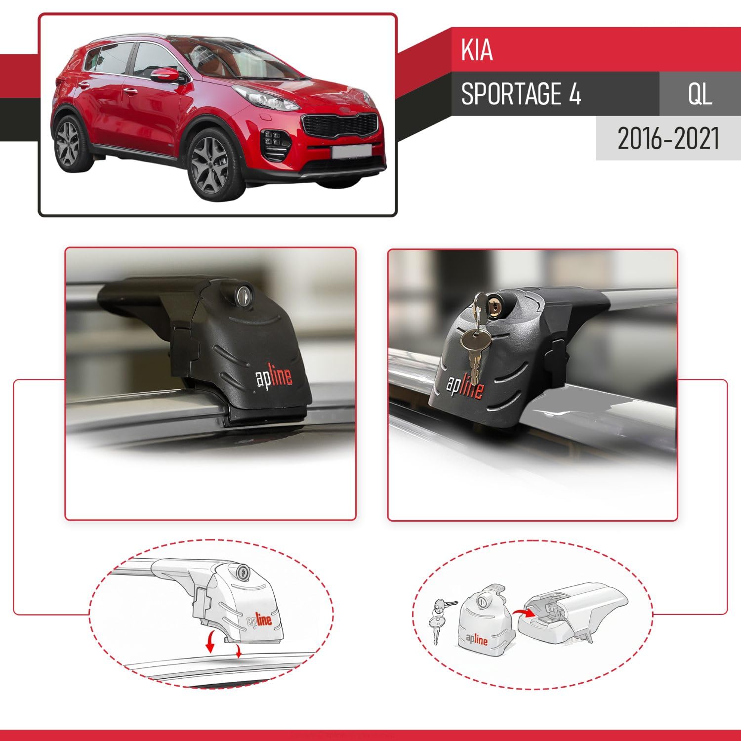 Compatible con Kia Sportage (QL) 2017-2022 Barras de techo ACE-2 Portaequipajes Barras Transversales GRIS