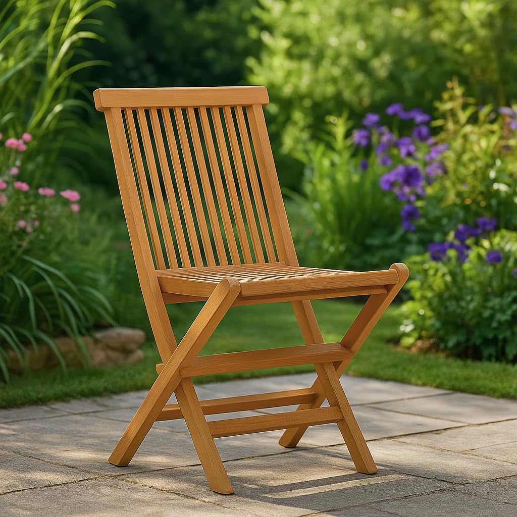 Meubletmoi Chaise de Jardin Pliante en Bois de Teck Massif huilé pour Table de Repas - Extérieur Naturel Patio terrasse Balcon - ANCOLIE
