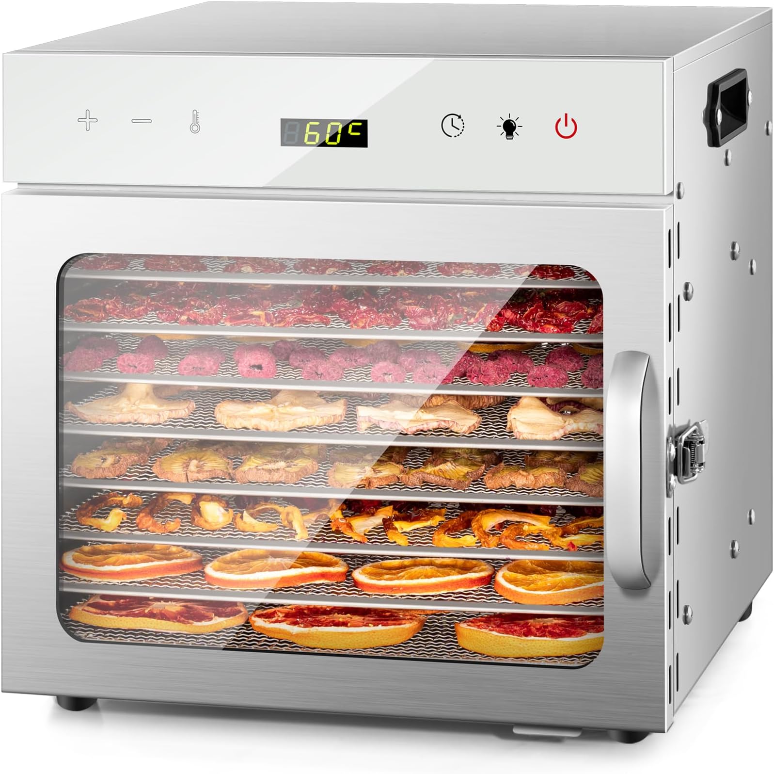 Kwasyo Stainless Steel Food Dehydrator, 8 Tray Fruit Dryer Machine with Free Recipe Book, BPA-Free, 30~90℃ Temperature Setting, Max 24h, Dehydrator Food Dryer UK for Vegetables, Meats
