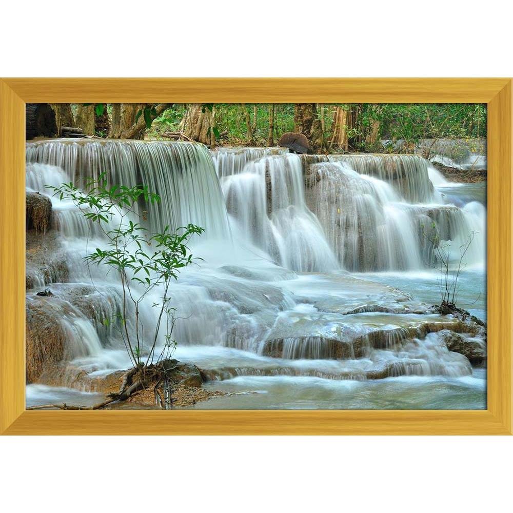 Pitaara Box Hui Mea Khamin Waterfall Kanchanabury Thailand | Canvas Painting for Bedroom & Living Room | Golden Frame | 17.6 x 12 inch (45 x 30 cms)