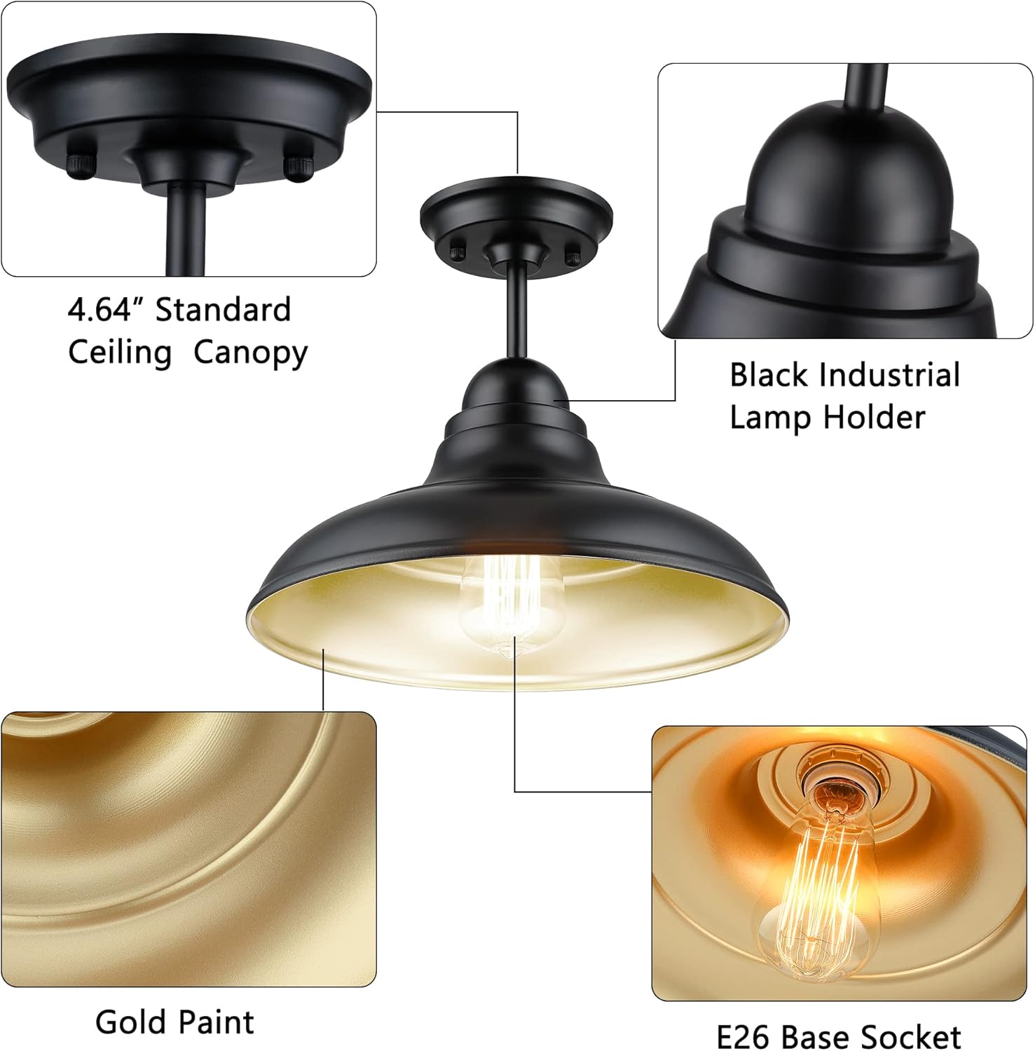 Farmhouse Semi Flush Mount Ceiling Lights, Modern Ceiling Light Fixture with Black Finish for Kitchen, Hallway, Entryway, Dining Room, Bedroom, Cafe, Bar, Living Room, 12"