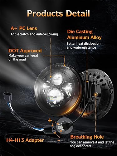 Miniatura 5 de UNI-SHINE 2 faros delanteros LED de 7 pulgadas, luz alta y baja, aprobados por DOT, faro redondo de 7 pulgadas, faros delanteros LED H6024,