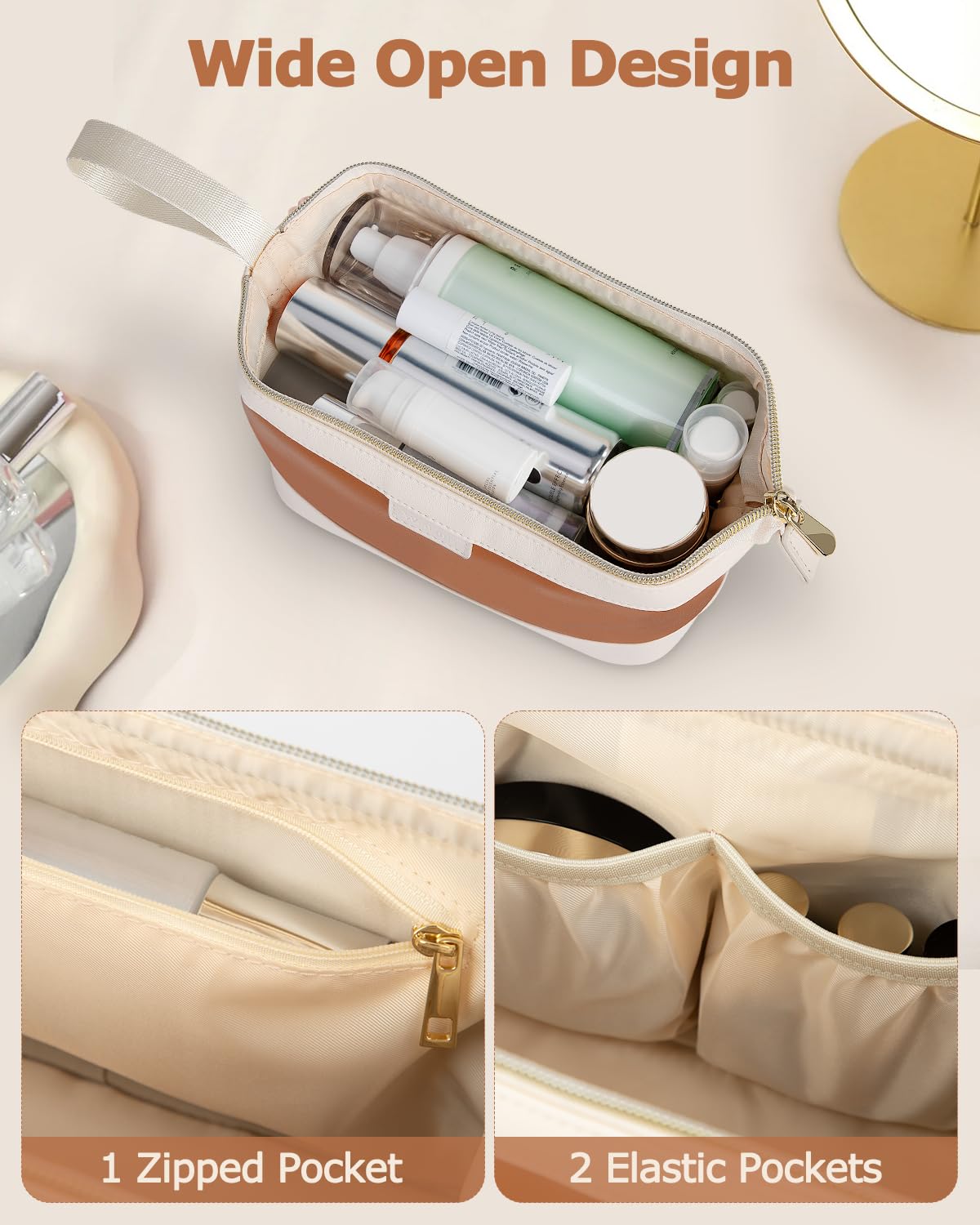 Wedama Makeup Bag Gift for Women, PU Leather Cosmetic Bag Wide Open Make up Organizer Bag, Large Capacity Travel Cosmetic Bag, Makeup Case with Handle for Women Girls, Brown