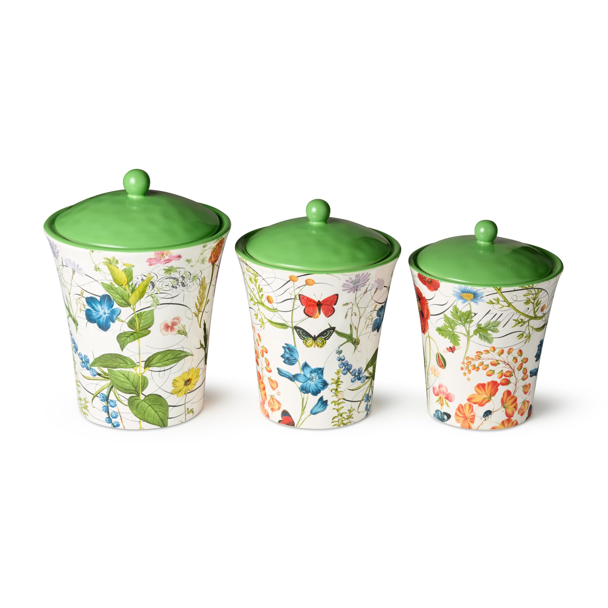 Gewächshaus-Keramikdosen-Set, 3-teilig, enthält 2,7 l, 1,8 l und 1,5 l Größen, luftdichte Deckel, lebendiges Blumenmuster mit Schmetterlingen und Libellen, perfekt für Kaffee, Tee, Zucker und
