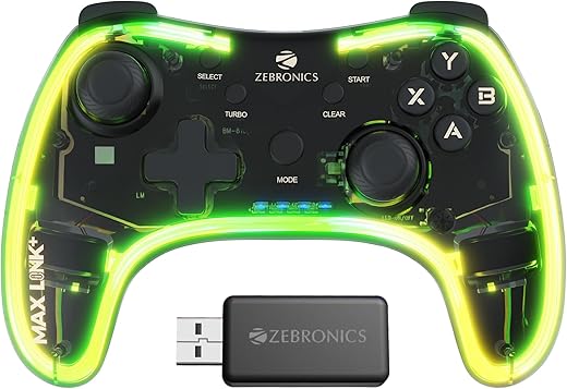 ZEBRONICS MAX LINK + Wireless Gamepad, Dual motors Haptic feedback, Built-in rechargeable battery, RGB light, Plug & play, Supports (Windows |…