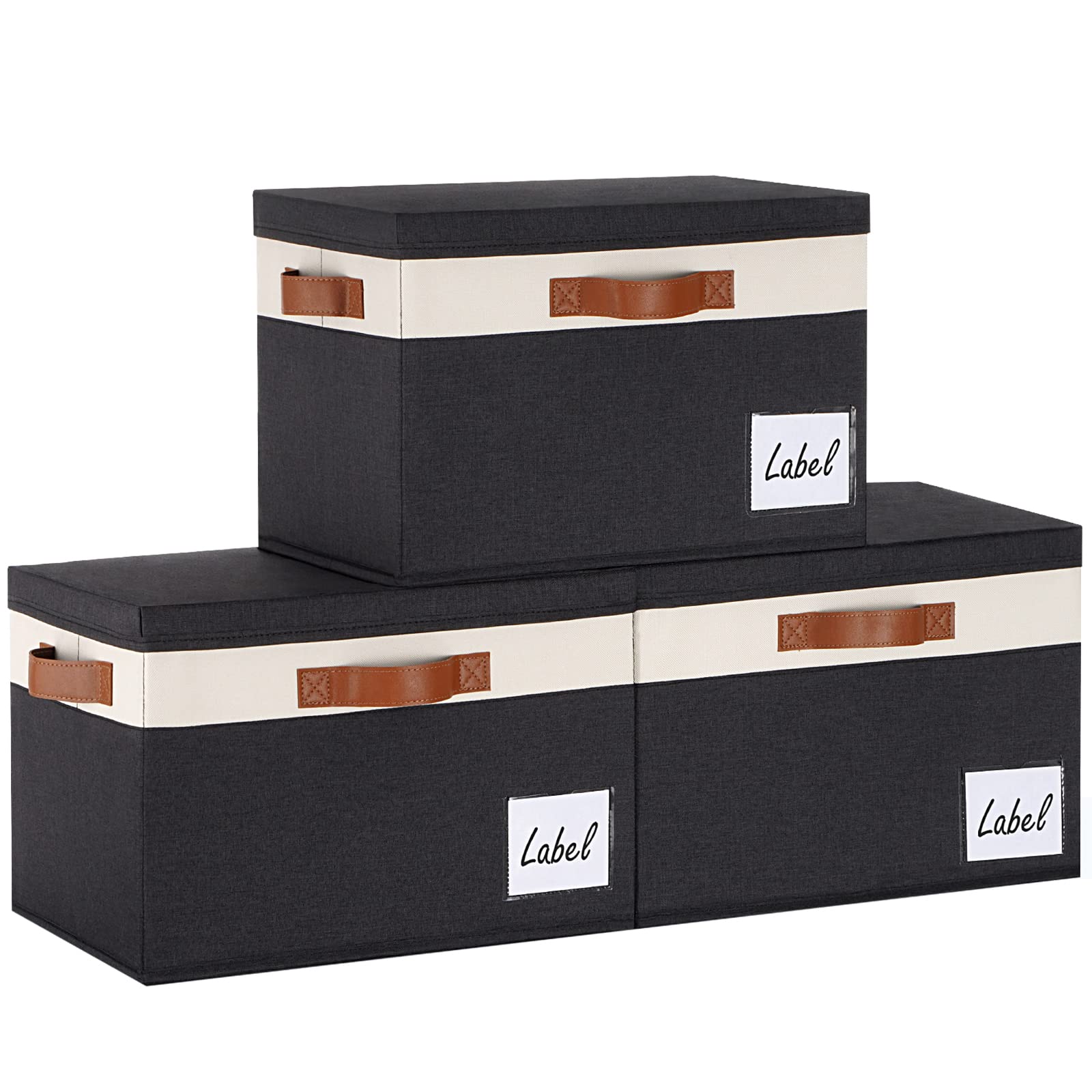 PFFVRP Large Storage Bins with Lids, Foldable Fabric Storage Baskets with Lids, Sturdy Storage Boxes with Labels and 3 PU Handles for Closet Home