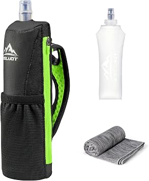 Zelvot Running Water Bottle Hand with 500ml Soft Flask, Handheld Water Bottle Running with Sport Towel, BPA Free Hand Held Soft Flask with Adjustable Hydration Pack for Runners Green, 500 ML