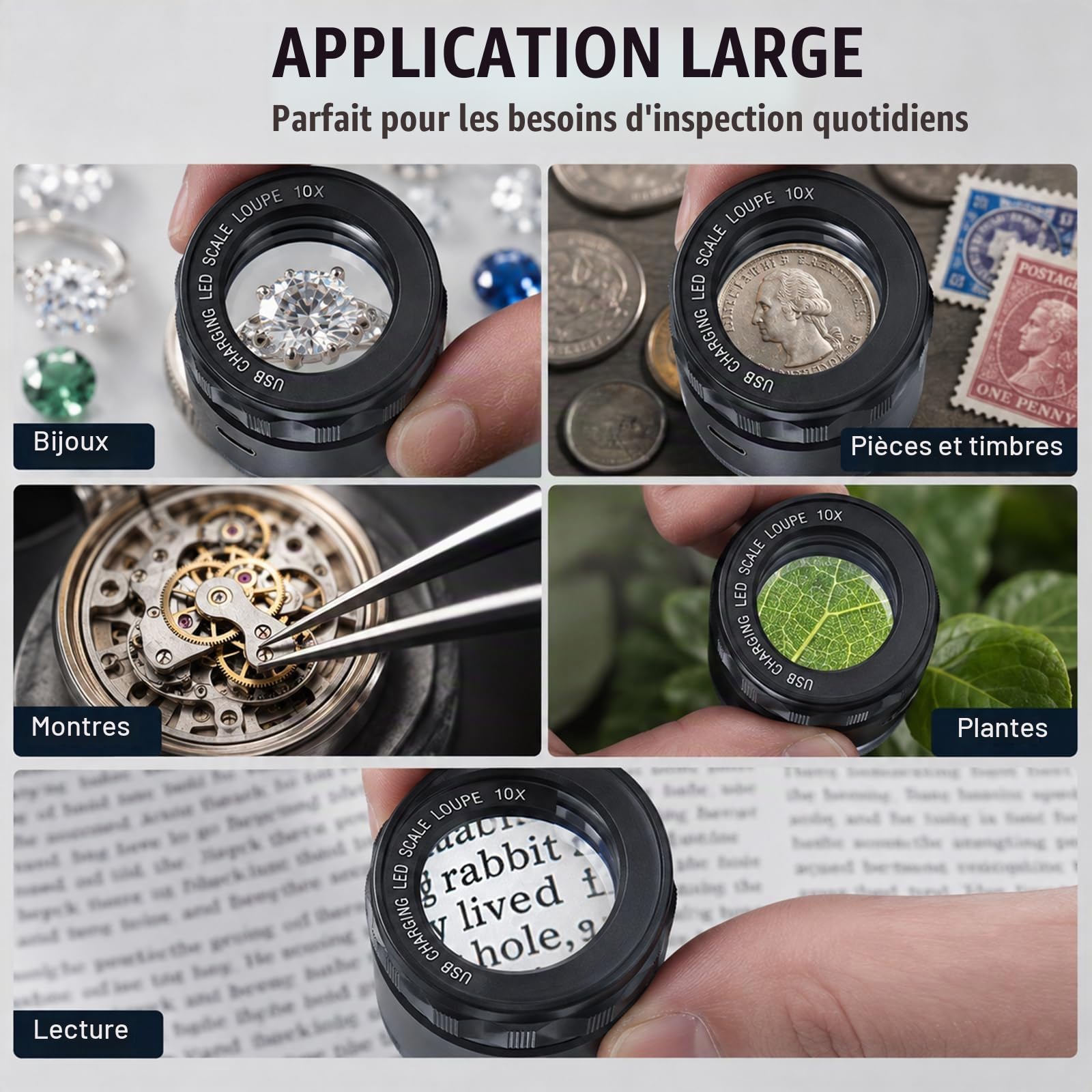 Loupe de bijoutier 10x avec échelle Rechargeable lumières LED lentille 25mm