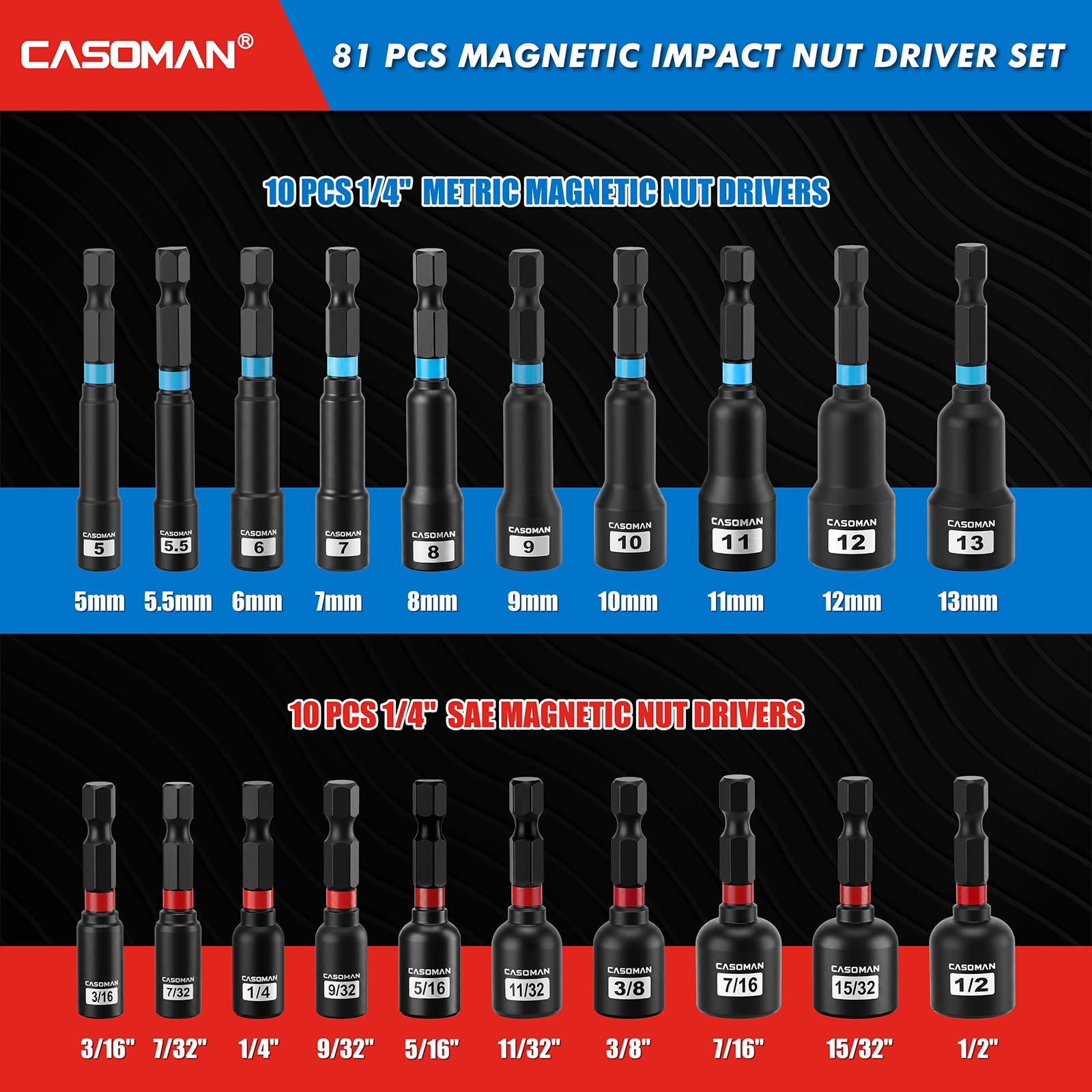 CASOMAN Set di 81 cacciaviti magnetici per trapano a percussione, sistema metrico e SAE, include punte per cacciavite, supporto di estensione per punte a sgancio rapido, adattatori per bussole