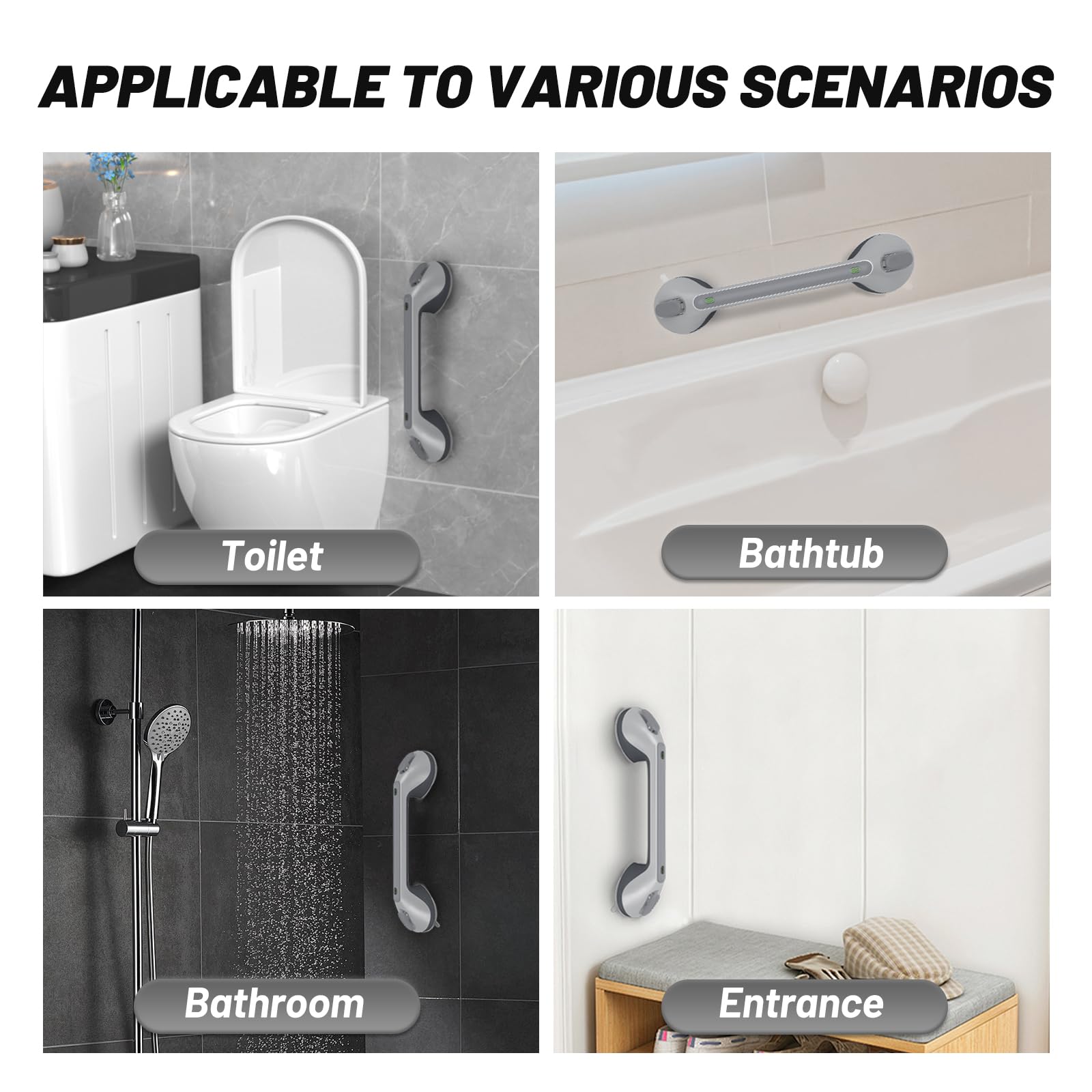 Lot de 2 Ventouse de Poignée, 16in Barres d‘appui de Salle | Poignée de Douche, Poignée de Bain, Barres d'appui de Douche pour Enfants et Seniors, Poignée de Baignoire