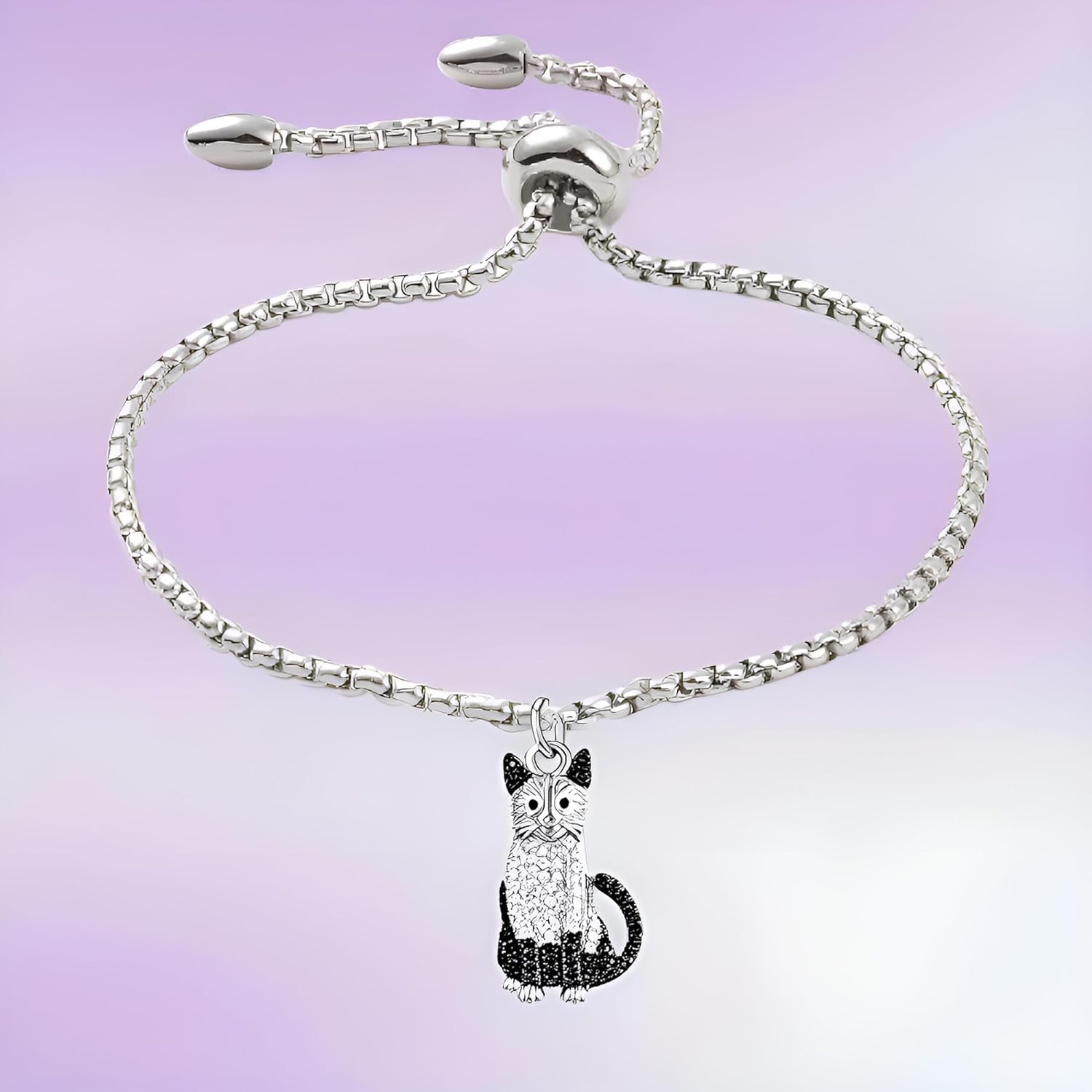 Crystal Cat Charm Bracelet, Adjustable Size, 9.84 inch Chain Length, Silver - Adjustable Crystal Cat Charm Bracelet, Silver Chain, Sliding Clasp - Whimsical Oriental Shorthair, Bombay Pendant Bracelet - Different Breeds of Cats- Sparkling Synthetic Zirconia Crystals, Durable Stainless Steel Bracelet, Ideal Gift for Fashion-Conscious Men or Women, Great Gift for Cat Lovers and Animal Enthusiasts