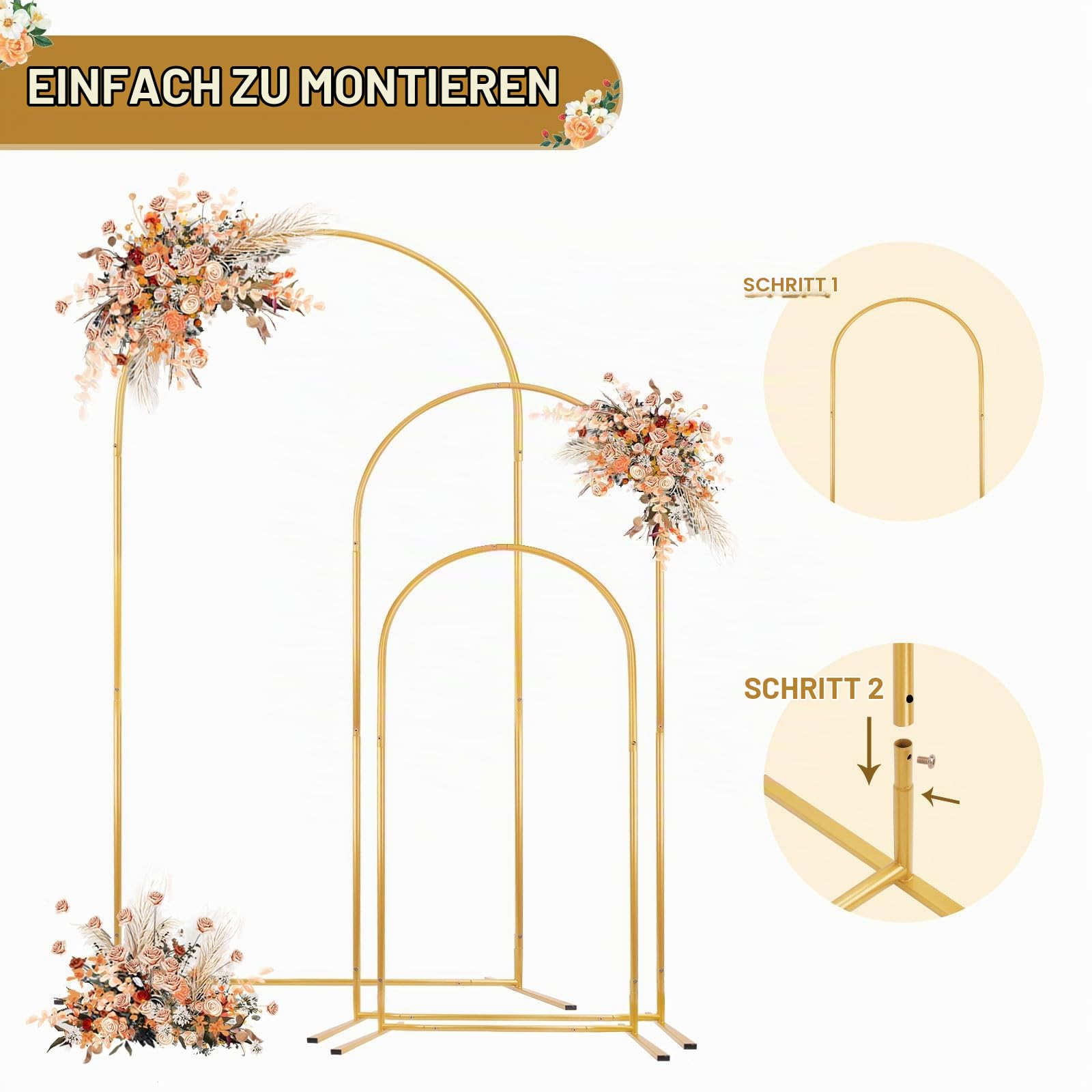 PlusFive Hochzeitsbogen Set 1,3m&1,6m&2,0m 3 Stück Hochzeitsbogen Gestell Gold Wedding Arch Traubogen Metallbogen-Hintergrundständer für Hochzeit Geburtstag Party Ballonbogen Zeremonie Dekoration