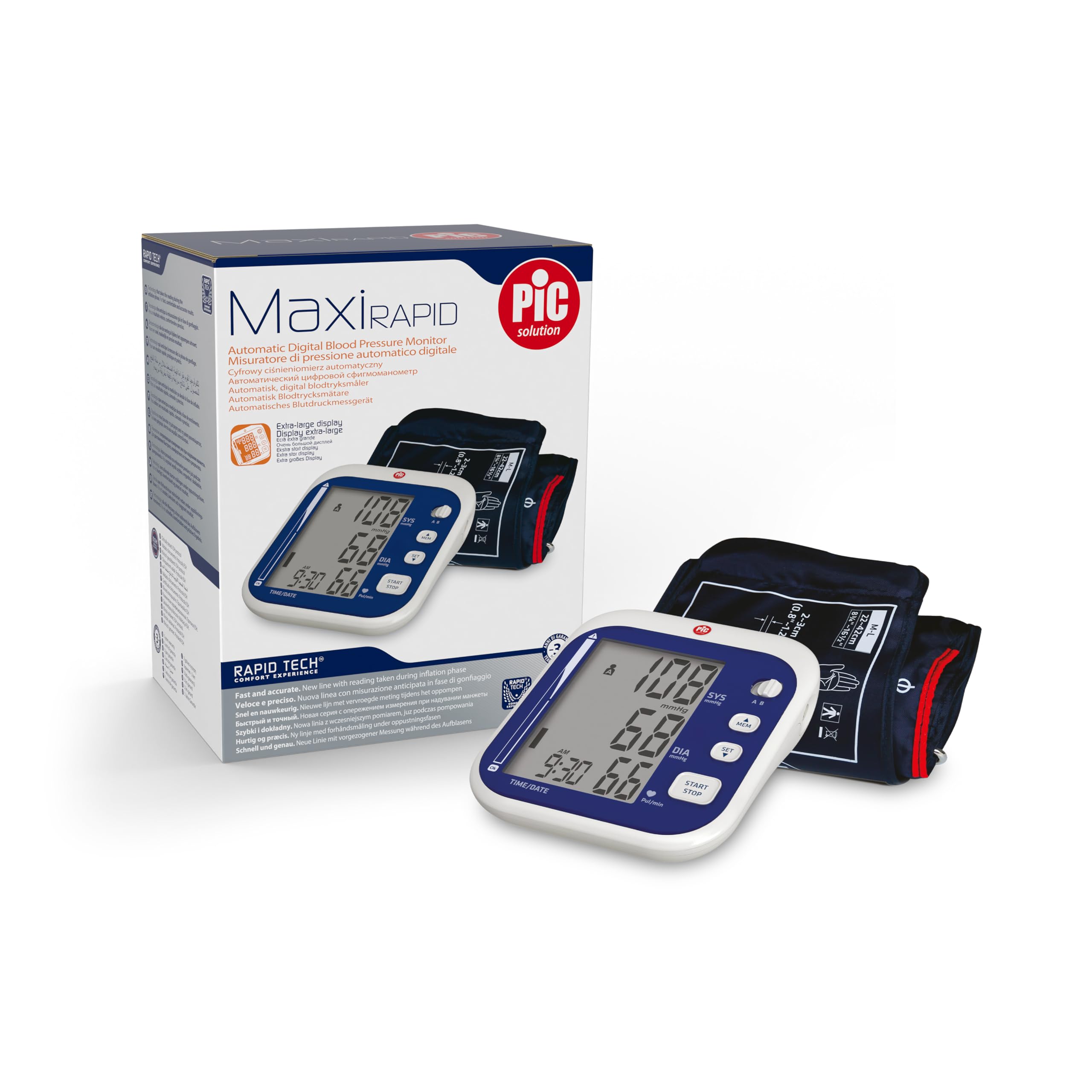 Pic Solution - maxiRAPID Tensiómetro Digital de Brazo - Dispositivo para medir la presión arterial y el Monitoreo Doméstico de la Hipertensión con pantalla Extra-Grande