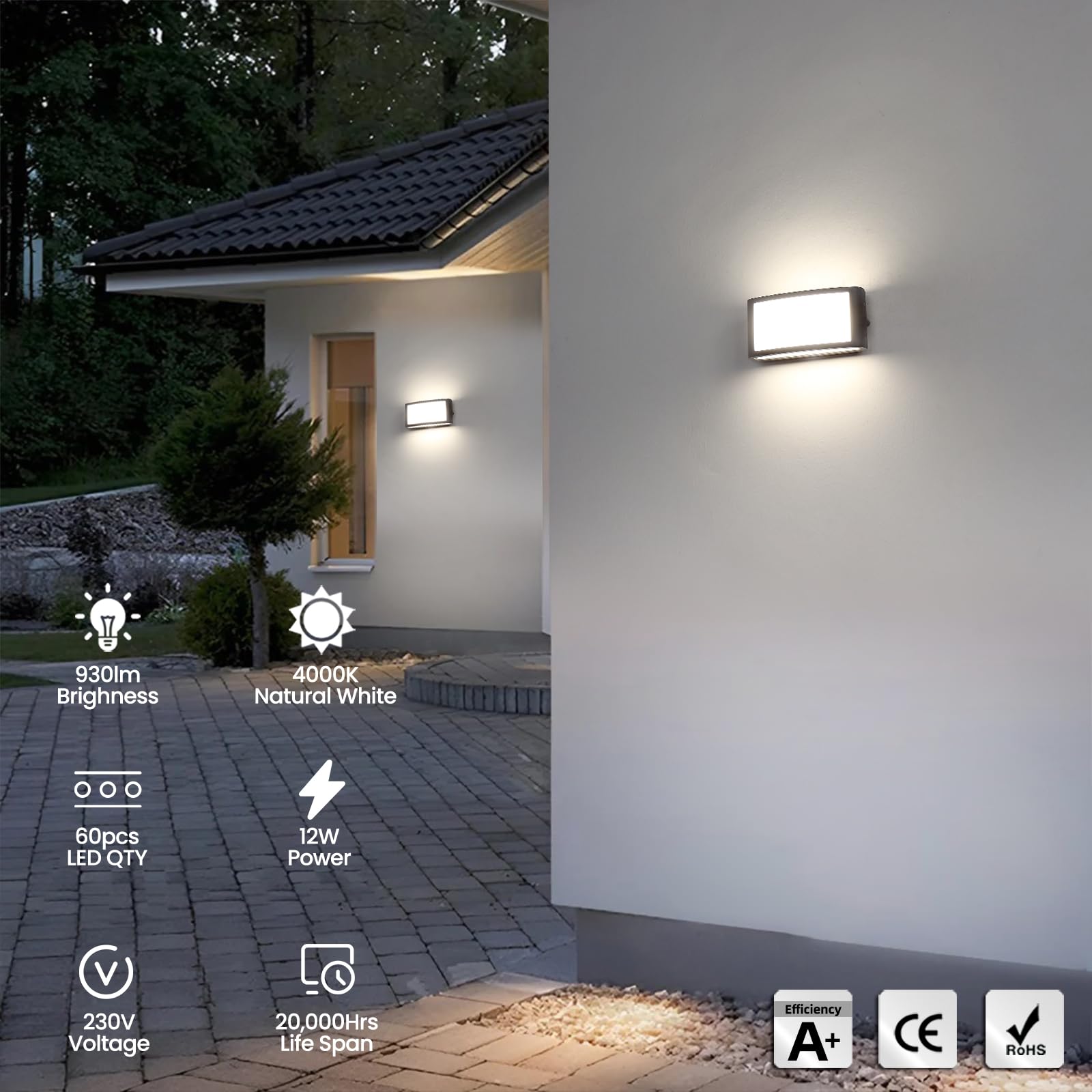 HLFVLITE Applique Murale LED Extérieure, Lampe Murale en Aluminium pour Jardin, IP54 Étanche, 930LM 4000K Blanc Naturel, Gris Anthracite
