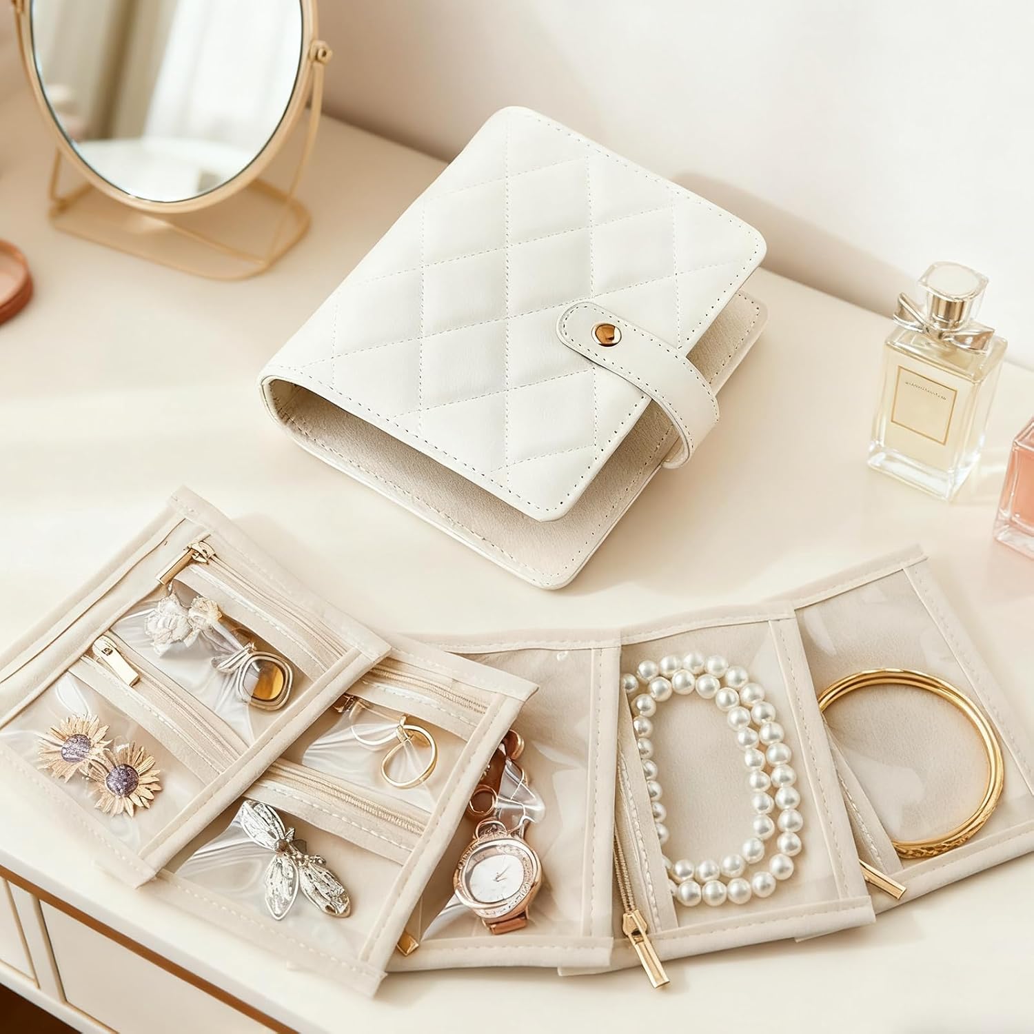 Velvet Travel Jewelry Organizer Book with Zipper Pouches – Anti-Tarnish, Scratch-Proof Jewelry Storage for Rings, Necklaces, Earrings, Bracelets – Portable Soft Case for Women (White) - Image 5