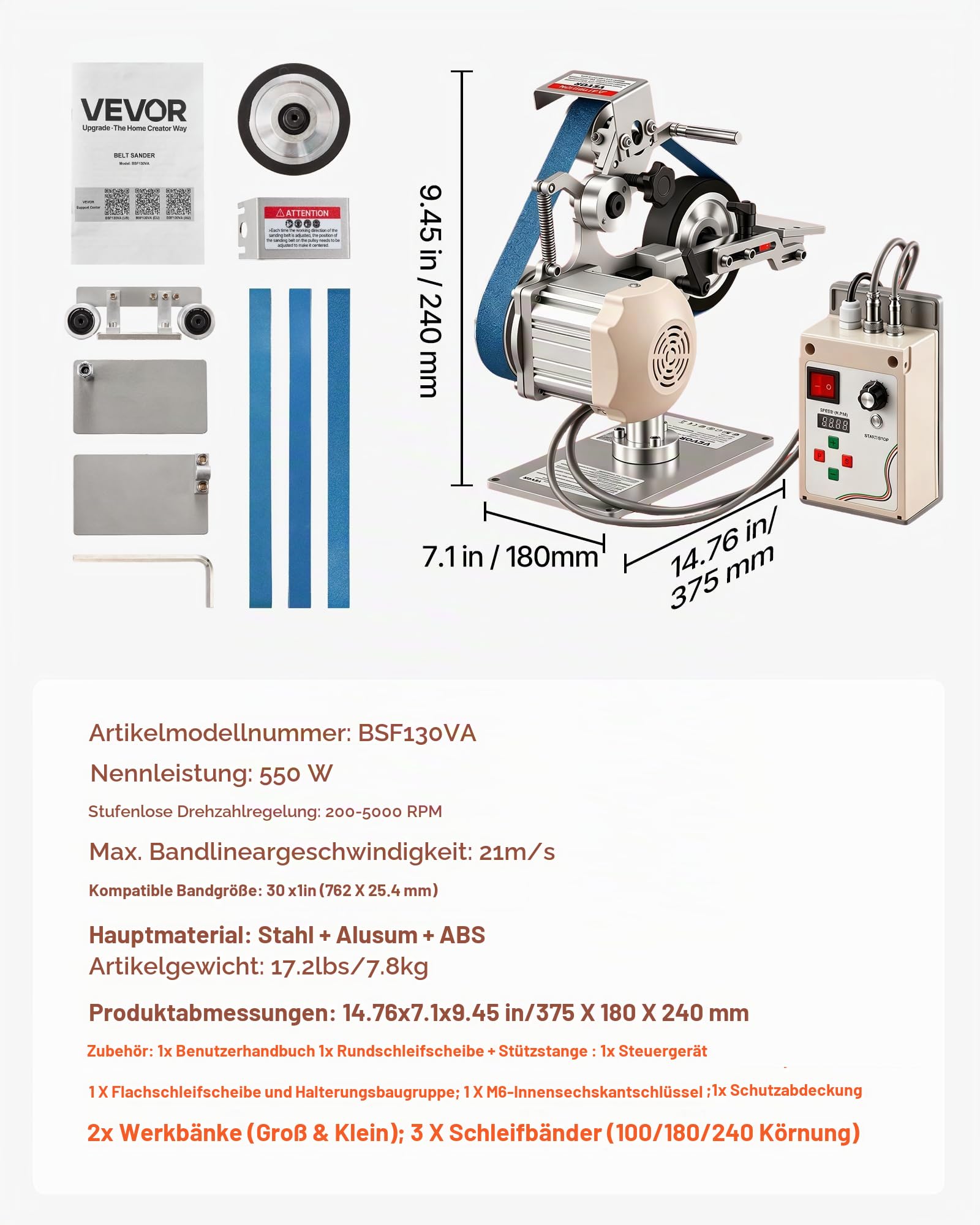 VEVOR Bandschleifmaschine 550 W, Bandschleifer mit 3 Stk. 762x25,4 mm Schleifbändern, 200-5000 U/min Verstellbarer Bandpolierer mit Dualmodi & Max. 21 m/s Bandgeschwindigkeit für Metallbearbeitung