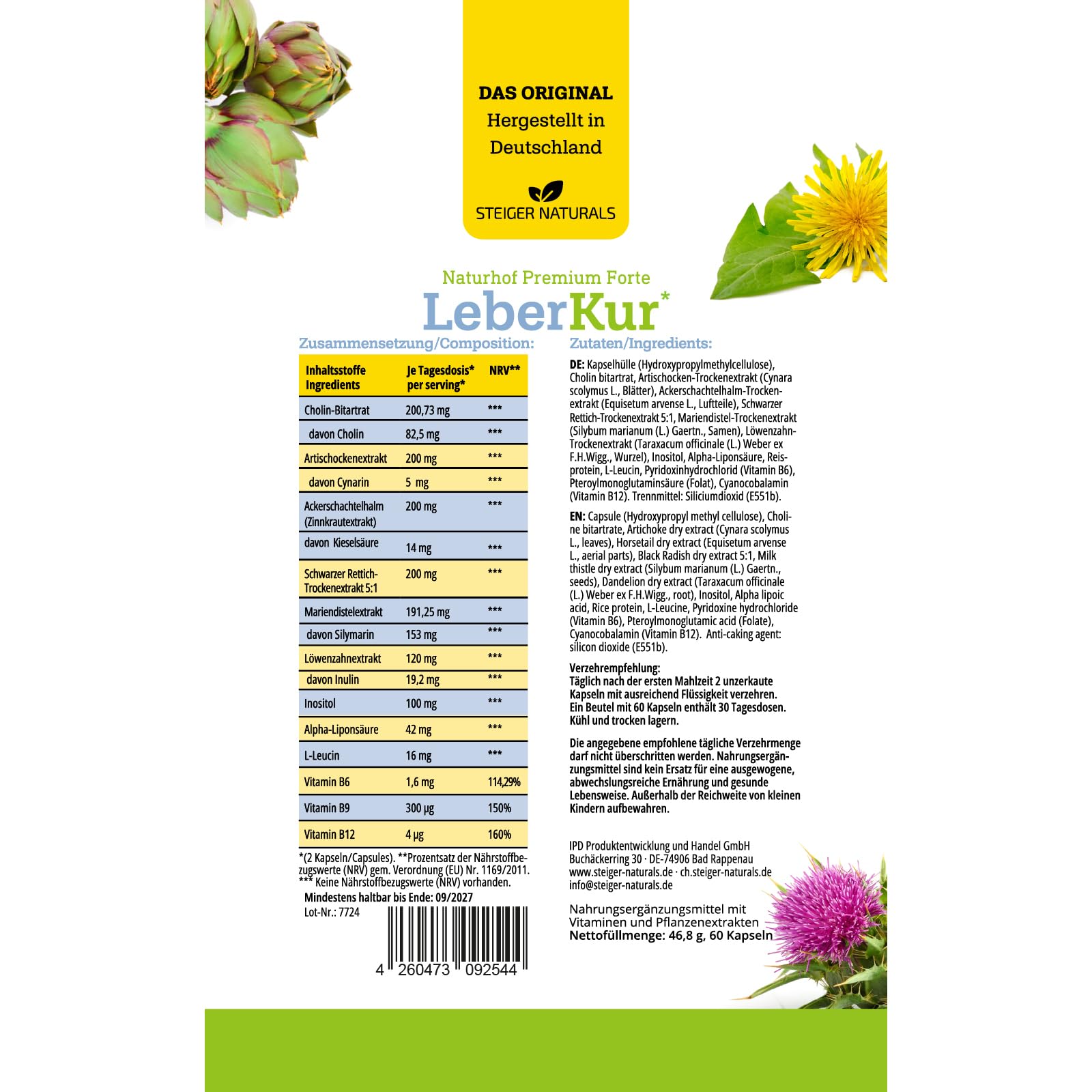 Steiger Naturals Naturhof Leber Kur Das Original - Mariendistel, Artischocken, Cholin, Vitamin E & B12, vegan, 60 Kapseln für 1 Monat