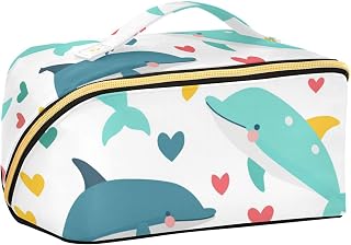 Cute Colorful Dolphins and Hearts Designed Travel Bag with dividers Lightweight Make Up Bags For Women with Compartments & Handle