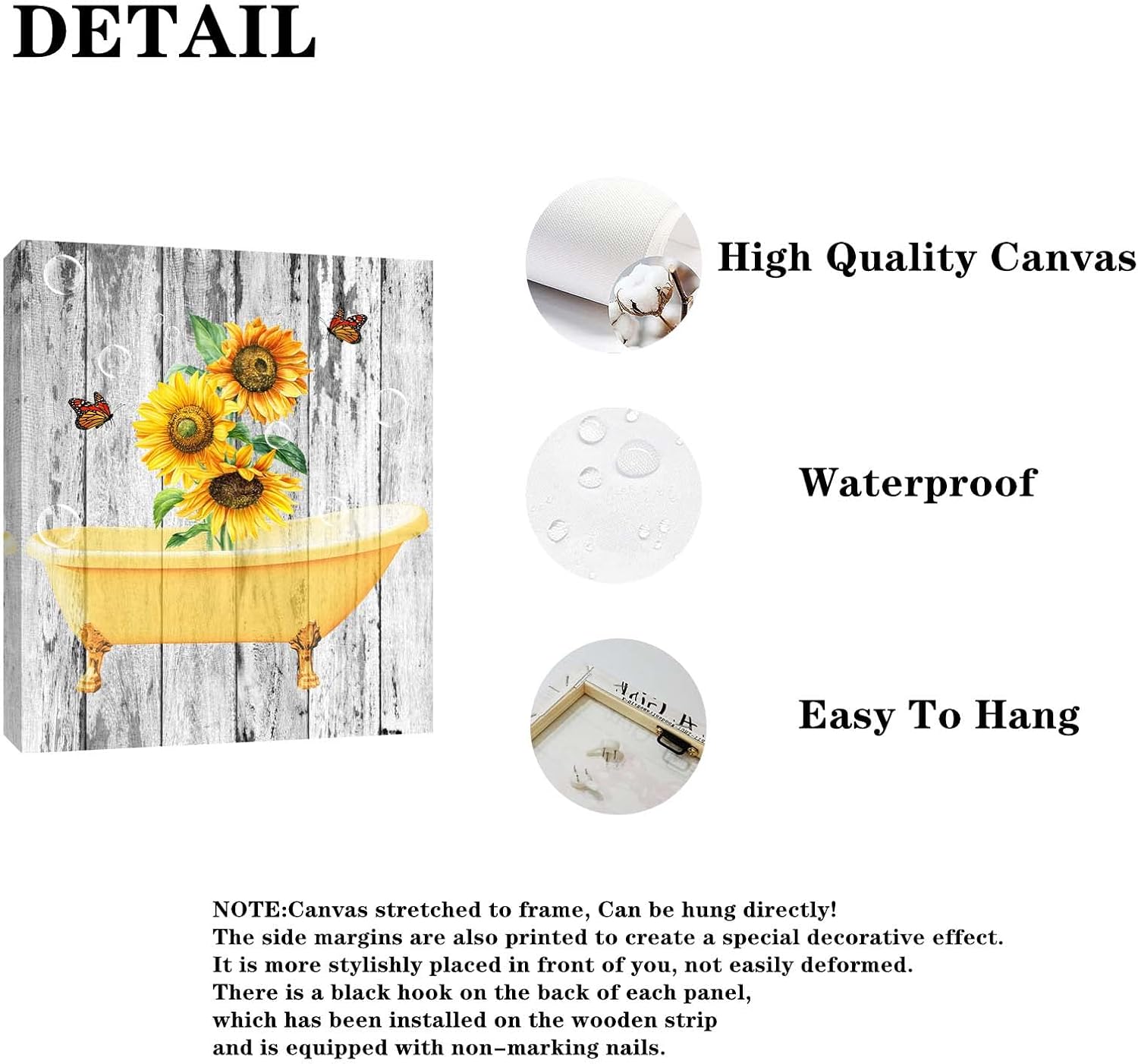FOTRIC Sunflower Bathroom Wall Art Sunflower Butterfly Bathtub Canvas Picture Wall Decor Yellow Sunflower Grey Rustic Background Art Print Framed Painting (Wooden frame8''x10'')