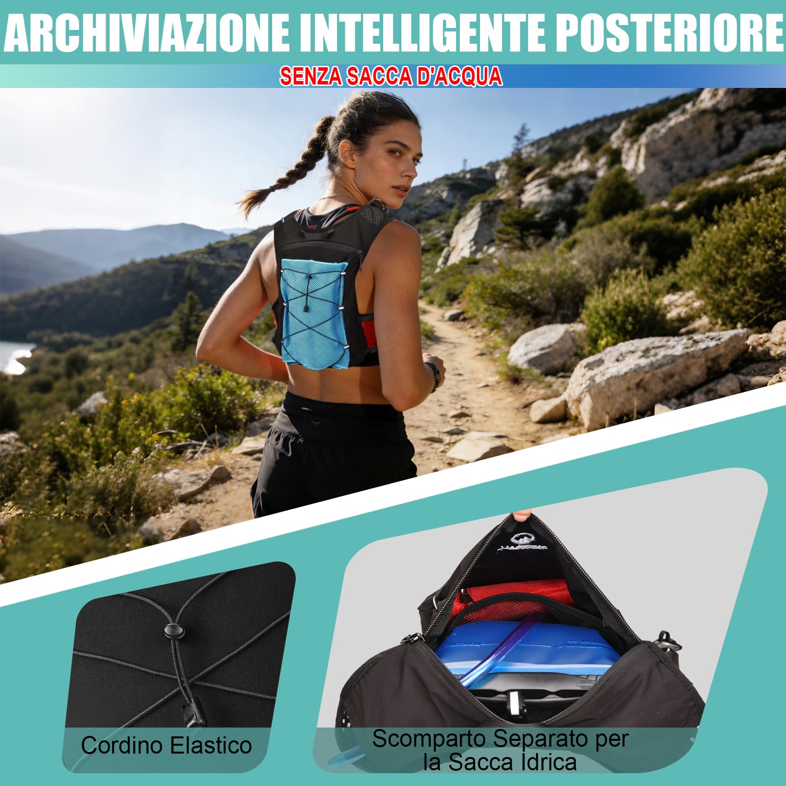 Gilet Running Uomo Donna, Zaino Trail Running, Running Vest con Soft Flask 500ml y Luce LED, Gilet Corsa Traspirante Riflettente per Jogging Marathon Trekking Ciclismo, Leggero Solo 175g