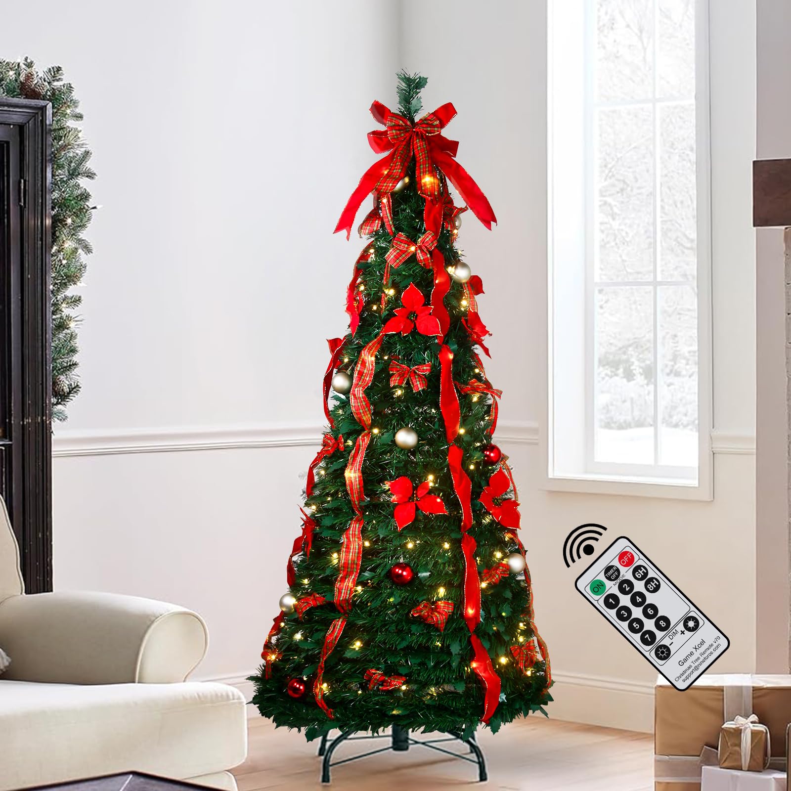 Pop up Christmas Tree - 6 Ft Pre-lit Christmas Tree with Remote Fully Decorated with 200 LED Lights, Red Plaid Ribbons, Ornaments, and Bows - Easy Assembly for Holiday Party & Home Decor