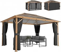 Outsunny Garden gazebo approx. 4 x 3 m aluminium with polycarbonate roof, 6 mm, wood look, mosquito net, 4 sides, stable, winter-resistant, outdoor pergola with hook