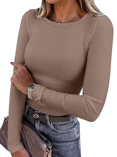 ANRABESS Women Long Sleeve Shirts Rib Knit Slim Fit Tops