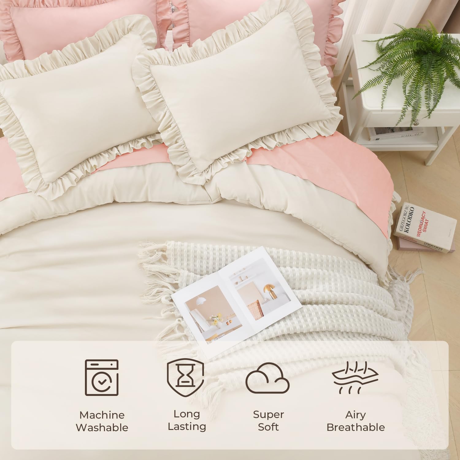Litanika Comforter Full Size Set Beige, 3 Pieces Ruffle Lightweight Bedding Comforter Set, Fluffy Bed Set (79x90In Comforter, 2 Pillowcases)