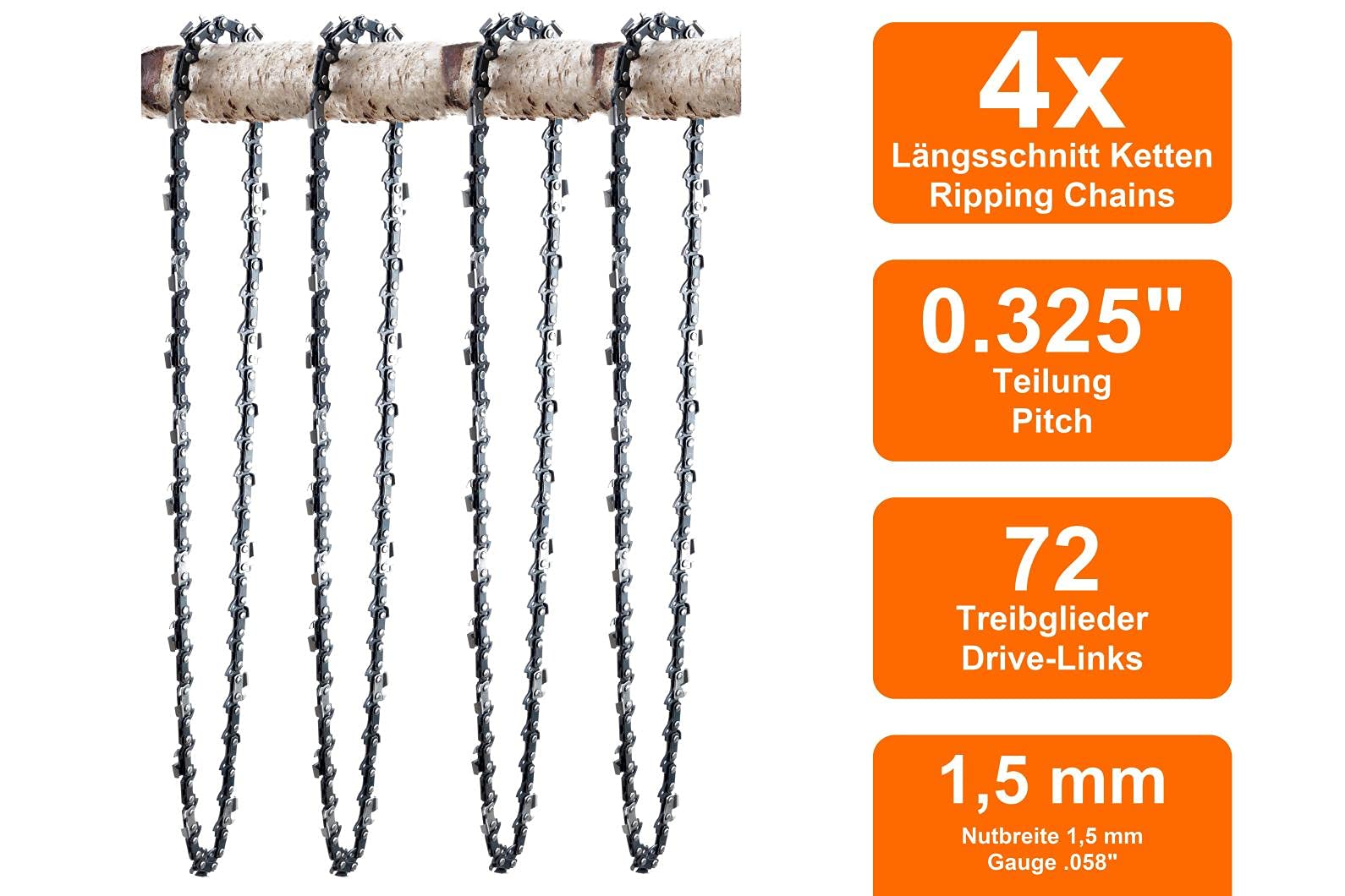 SECURA 4 Ripping chaînes + guide compatible avec Husqvarna 450 E-SERIE Tronçonneuse avec 45cm 0.325 72M 1,5mm