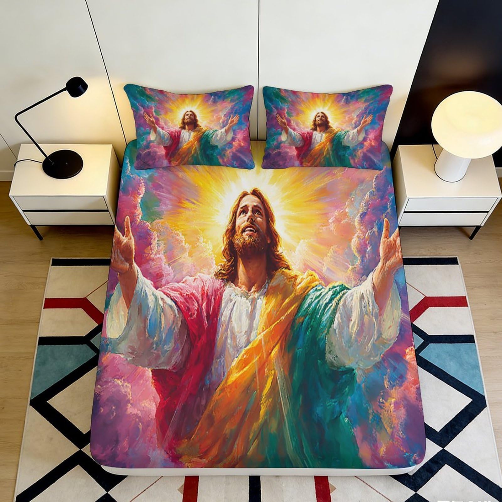 3D Printed Jesus Rainbow Fitted Sheet Microfiber Soft Breathable Spiritual Clouds Bed Cover for Bedroom Dormitory Guest Room Mattress Protection Decor 140x200x25cm
