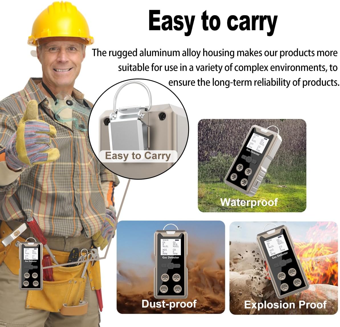 Aluminum Alloy Portable 4 Gas Detector, 4 in 1 Multi Gas Monitor Tester，H2S,O2,CO and EX Rechargeable LCD Display Gas Sniffer Alarm，Gas Clip Sound Light Shock Alarm (Grey)