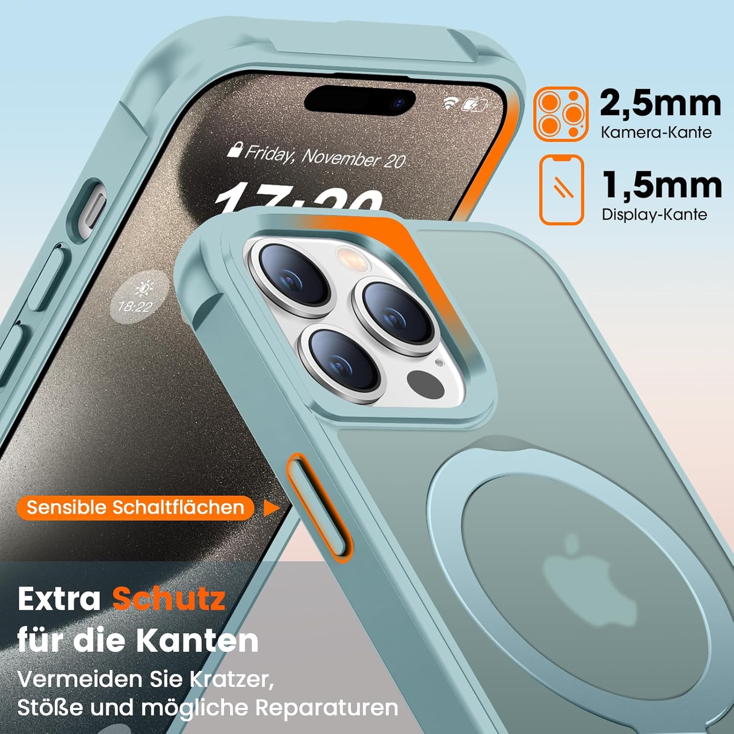 Magnetic Ring Stand Case for iPhone 15 Pro - 120° rotatable Stand, N52 Magnet, Non-Slip, Easy to Clean, Shockproof, Matt Transparent Back, Drop Protection (Lake Blue)