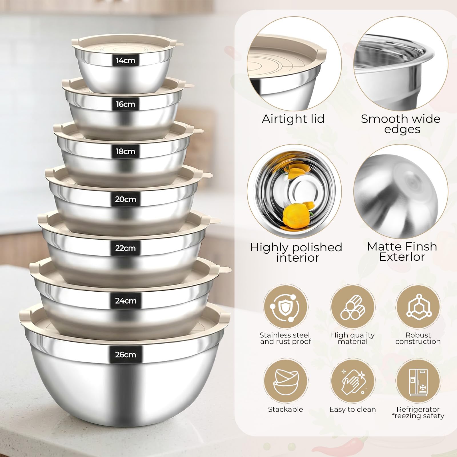Lot de 7 Saladiers en Acier Inoxydable avec Couvercles, Bols Mélangeurs Empilables, incluant 3 Râpes & Accessoires de Cuisine, pour Pâtisserie, Préparation et Conservation (Ø14–26 cm)