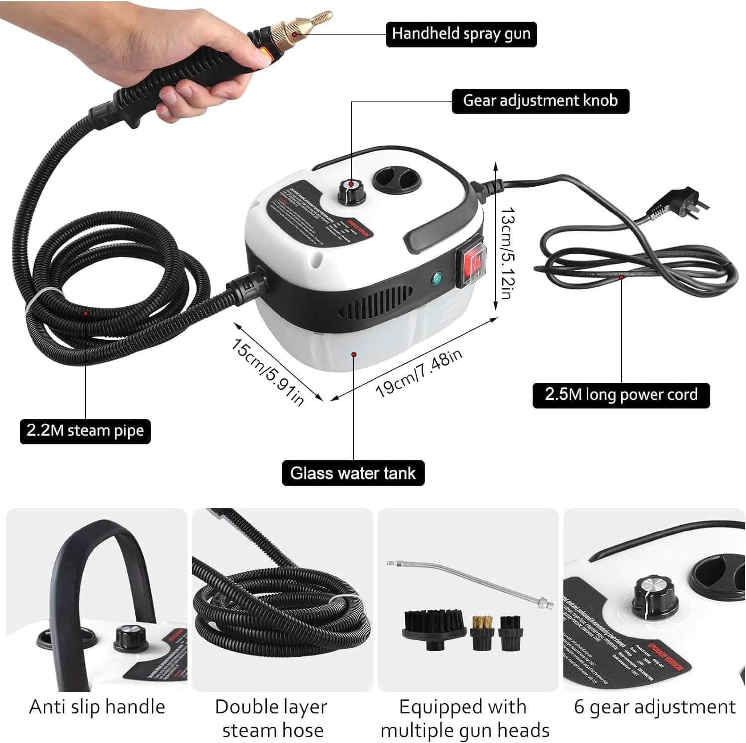 Steam Cleaner, 2500W Handheld High Temp Portable Steamer Cleaning Machine, with 3 Brush Heads, 6 Speed Gear Adjustment, for Cleaning Grout Tile Car Living Room Kitchen Bathroom