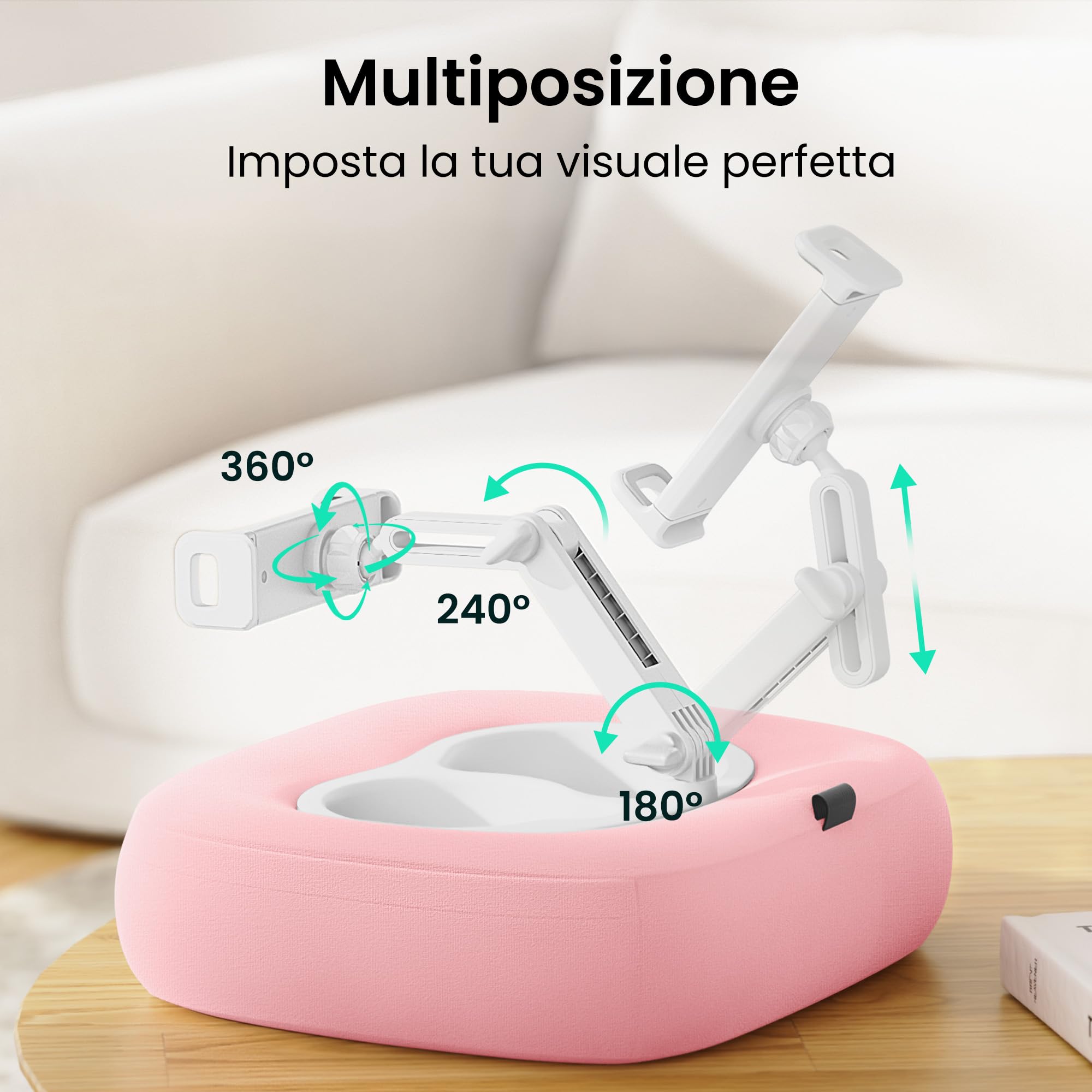 Supporto per cuscino per tablet con 2 ciotole per snack, supporto per iPad regolabile a 360°, per iPad da 4,7 a 13", Kindle, smartphone, accessori Kindle sul letto, divano, rosa