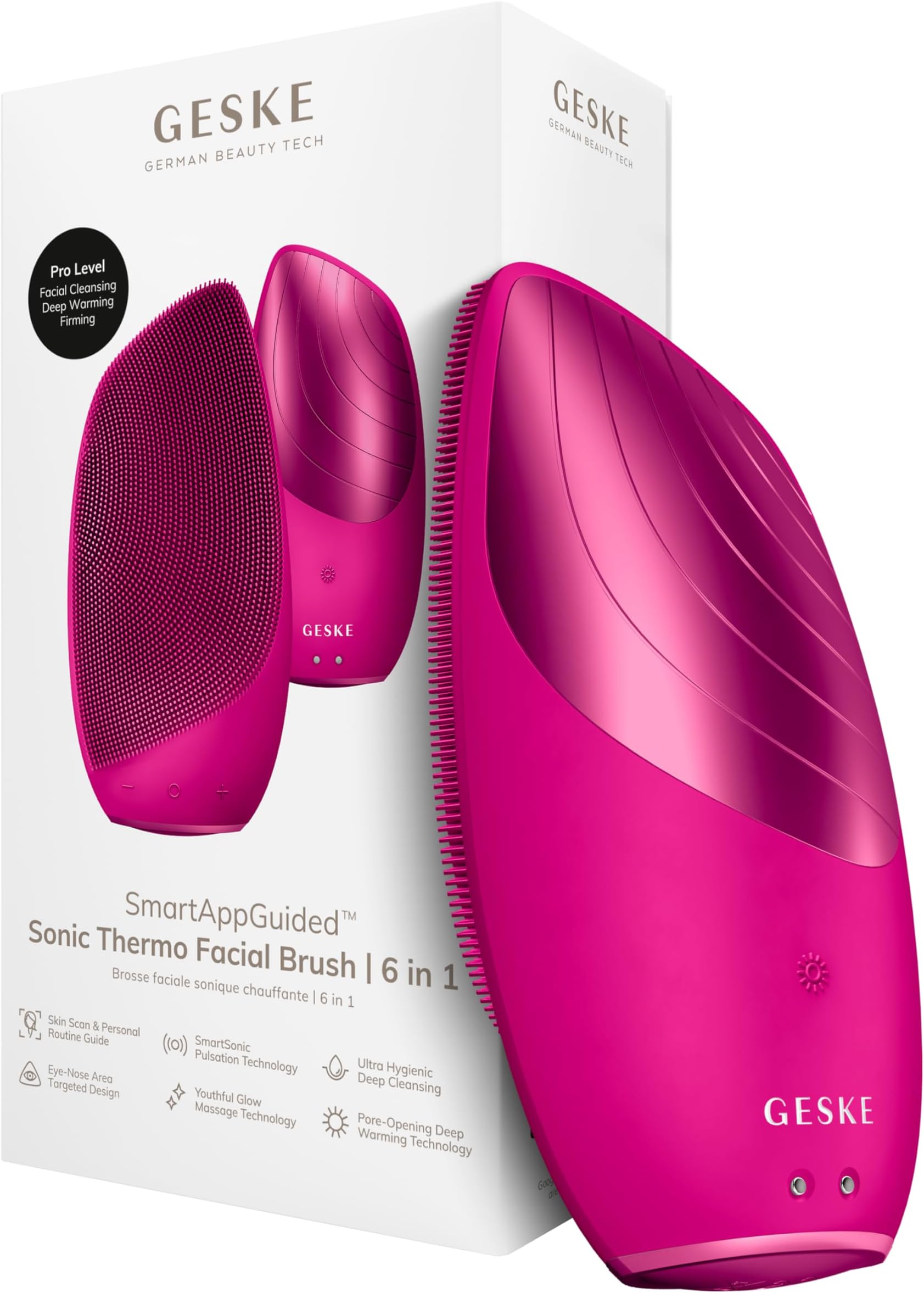 GESKE SmartAppGuided Sonic Thermo Facial Brush | 6 in 1 | Skin Cleansing | Cleansing Brush with Thermal Function | Electric Facial Massager