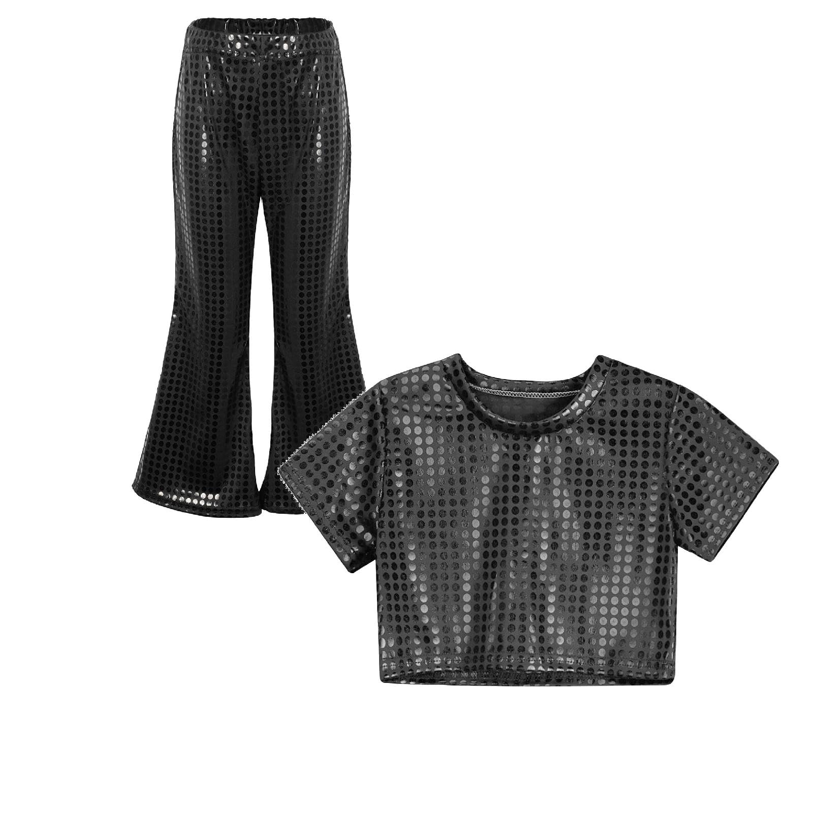 Kids Sequin Top and Flared Pants Two Piece Outfit Boys Girls Sparkly Metallic Crop Top Hip Pop Disco Party Dance Shiny Trousers Y2K Streetwear Dancewear for Carnival Jazz Dance Costume