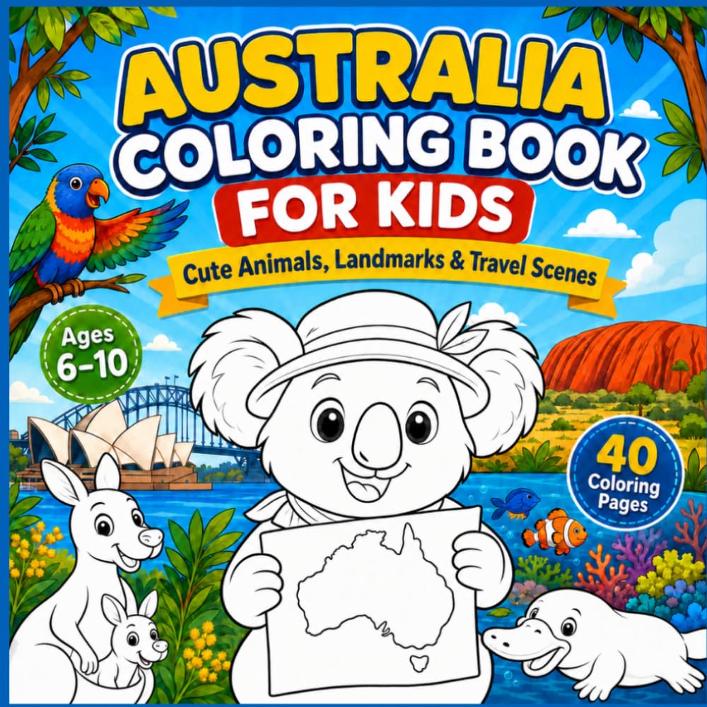 Australia Coloring Book for Kids: Cute Australian Animals, Wildlife, Landmarks, and Fun Facts: A Fun Educational Activity Book for Ages 6–10