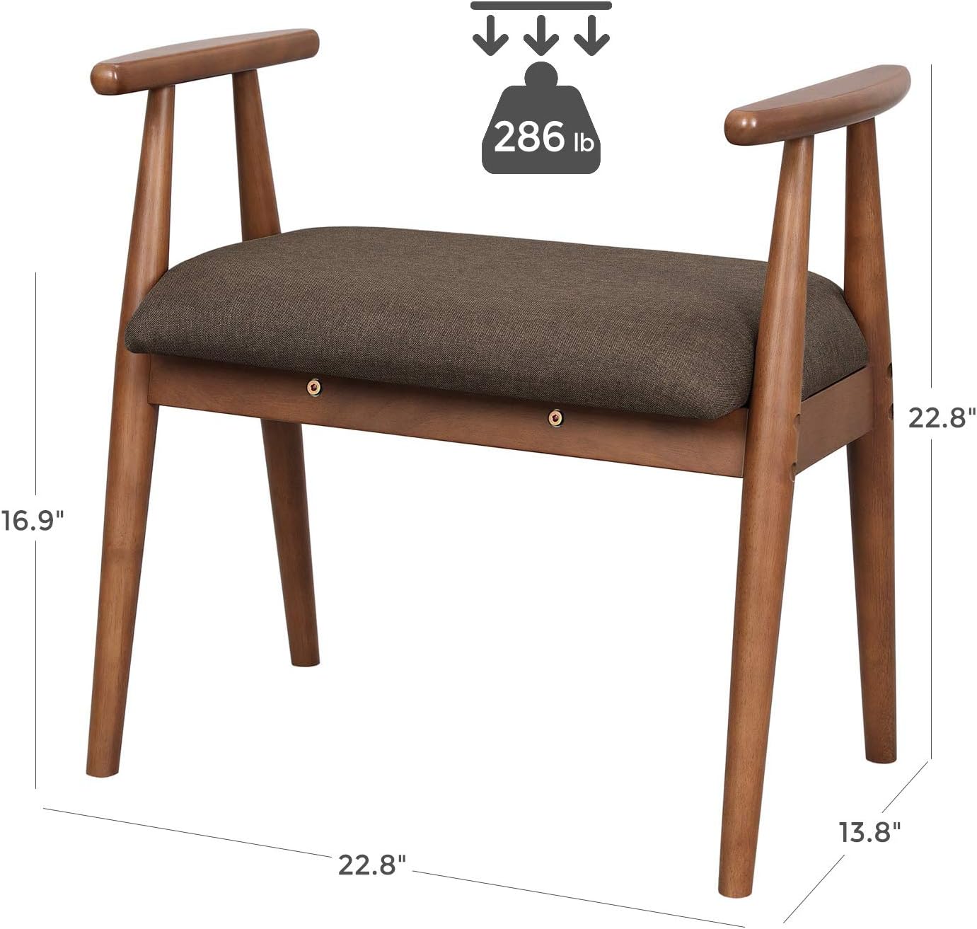 VASAGLE Shoe Bench, Upholstered Vanity Stool with Armrests, Solid Rubberwood Frame, Load Capacity 286 lb, for Entryway, Bedroom, Living Room, Saddle Brown URSB01BR