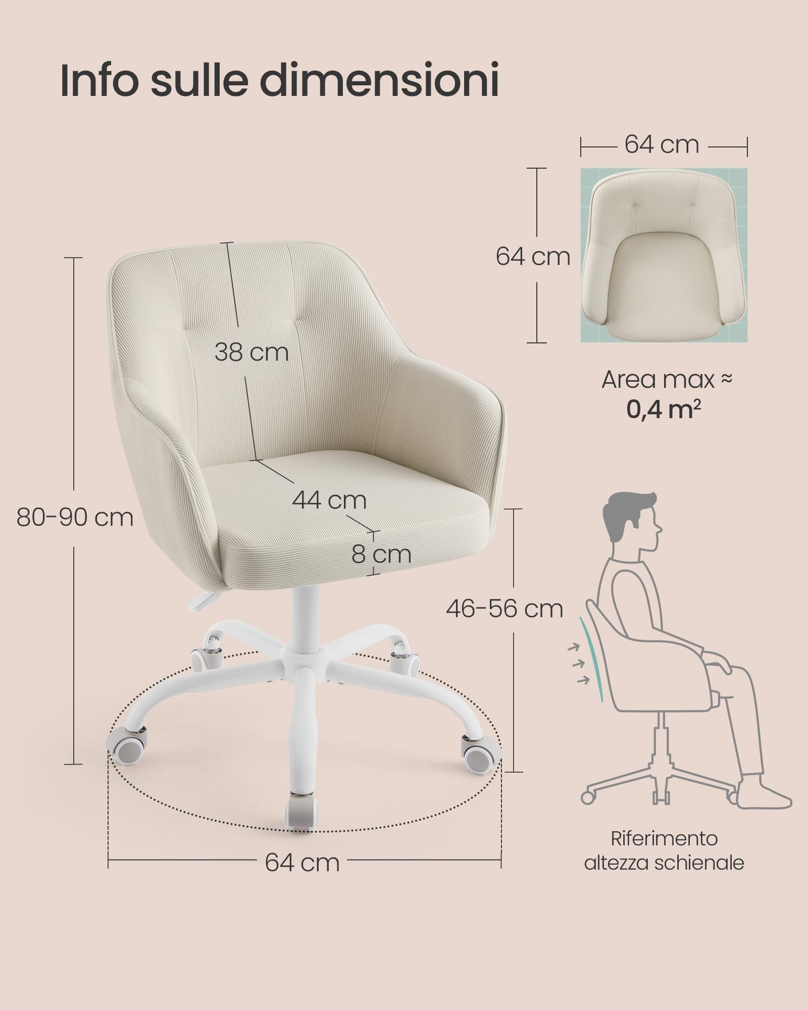 SONGMICS Sedia da Ufficio, Sedia Girevole, Regolabile in Altezza, Portante 110 kg, Struttura Acciaio, Tessuto di Velluto a Coste, Studio, Camera da Letto, Beige Sabbia OBG019LZ01