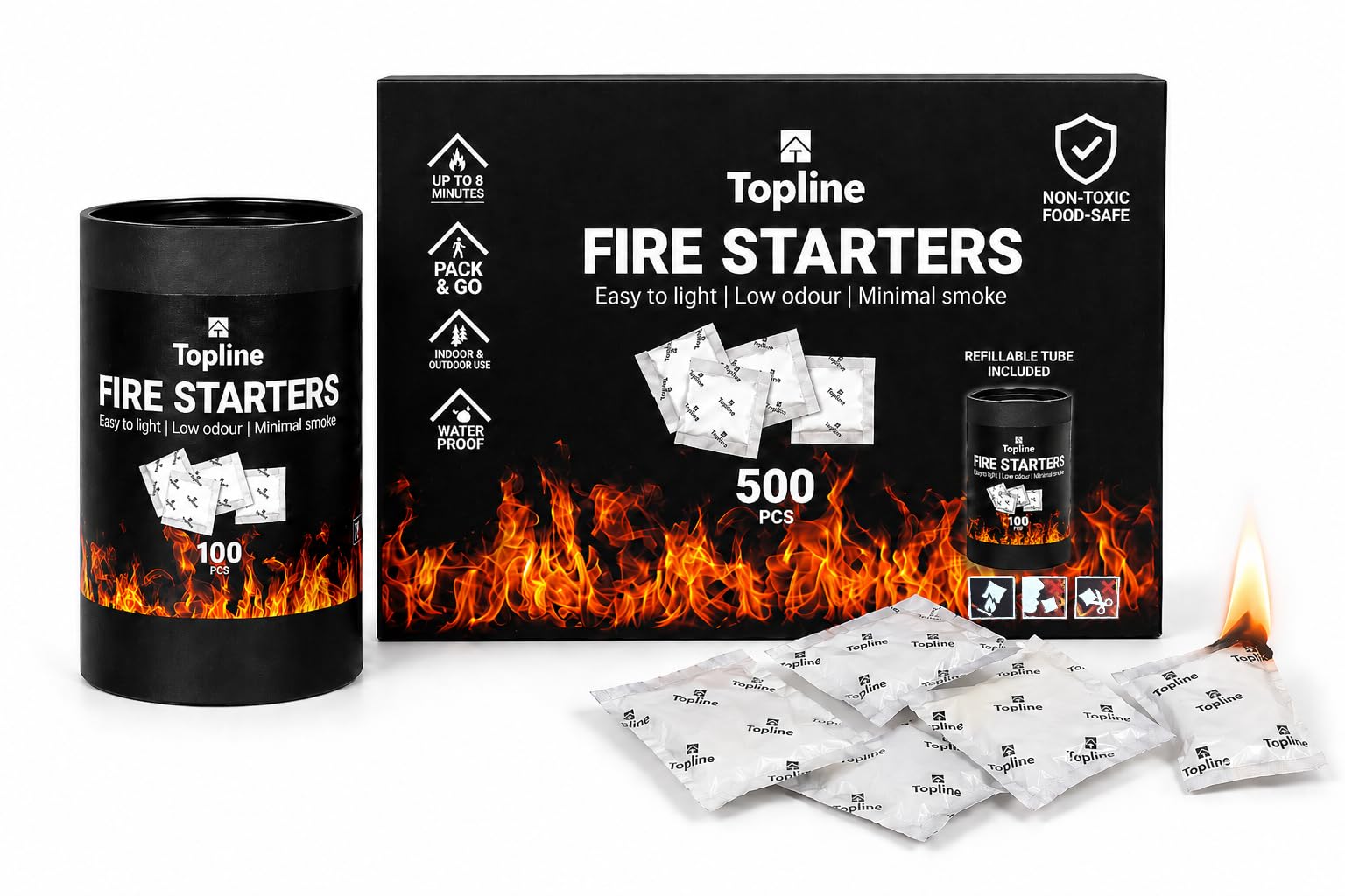 Topline 500 Wax Firelighters - Bulk Pack of Odourless, Waterproof Fire Lighter Sachets for Wood Burners, Log Burners, BBQ, Open Fires, Pizza Ovens & Camping, with Refillable Storage Tube