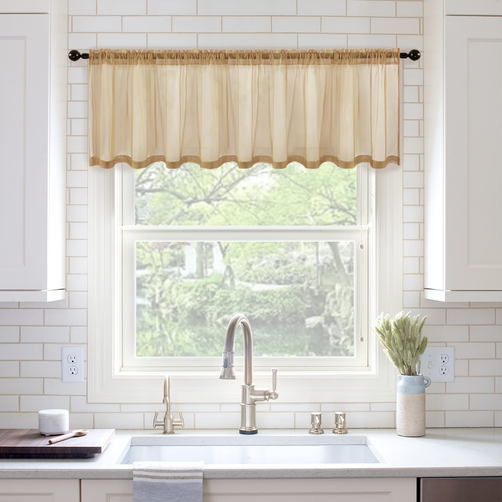 MIULEE Window Valance Half Window Gauze Sheer Curtains Rod Pocket Voile Drapes for Small Bathroom Window One Panel 54 x 18 Inch Brown