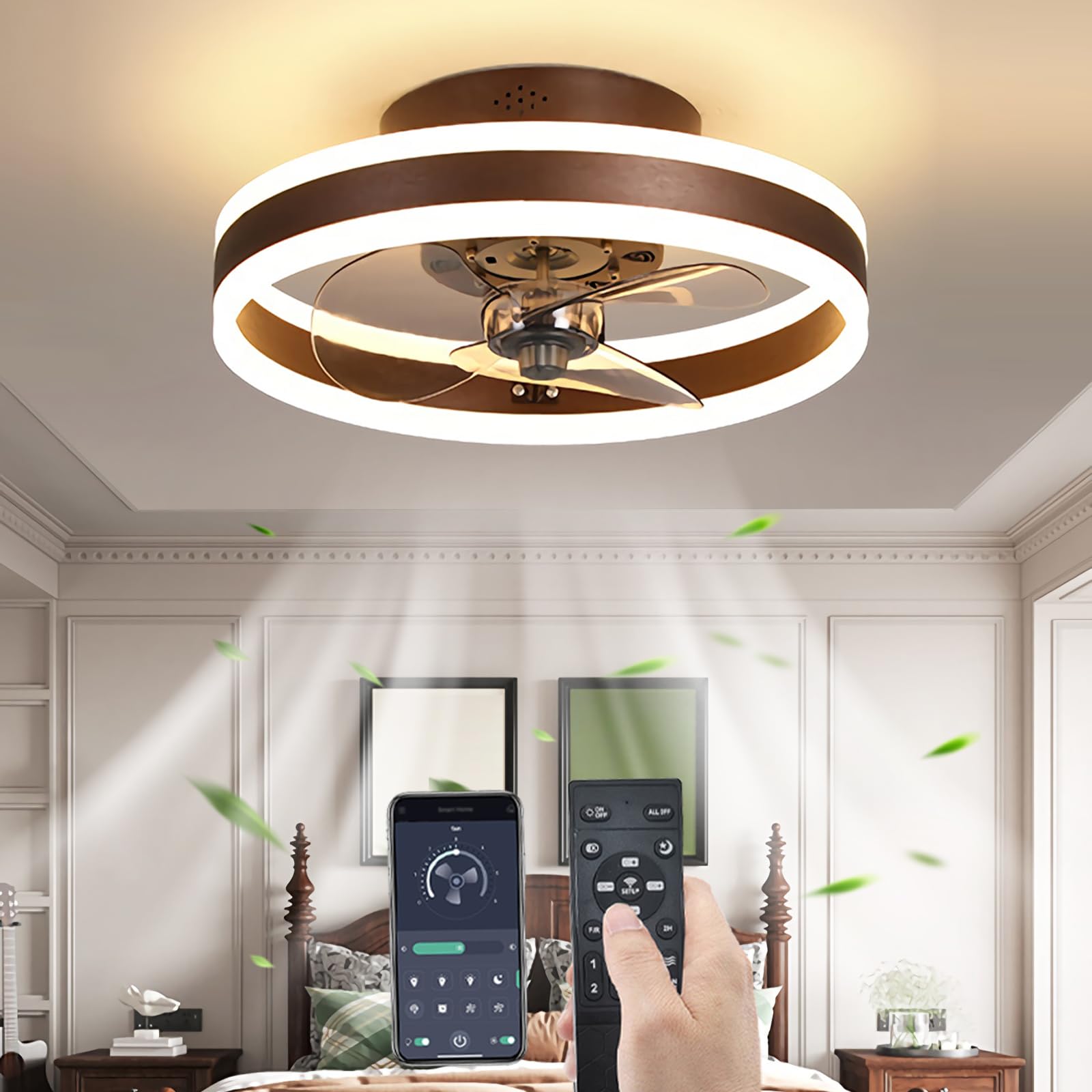 YUNZI Quiet Ceiling Fan with Light and Remote Control, LED 60W Dimmable Ceiling Lamp Modern Low Profile Ceiling Fans for Living Room Bedroom Lighting, 6 Speeds, Dimming Lights, Brown, 40CM