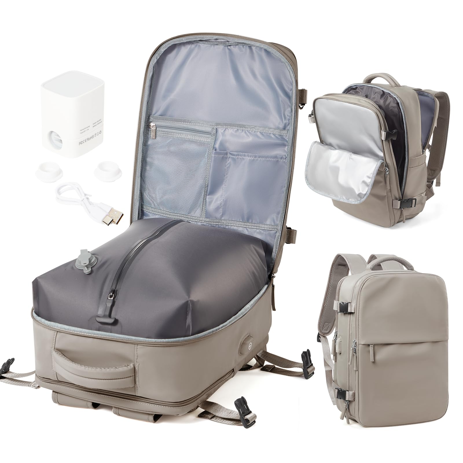 Mochila Viaje al Vacío con Bomba, Mochila de Viaje Cabina Avion 40x30x20 Ryanair,Impermeable Mochila Compresion al Vacio Para Portatil 14" Hombre y Mujer(Marrón grisáceo)