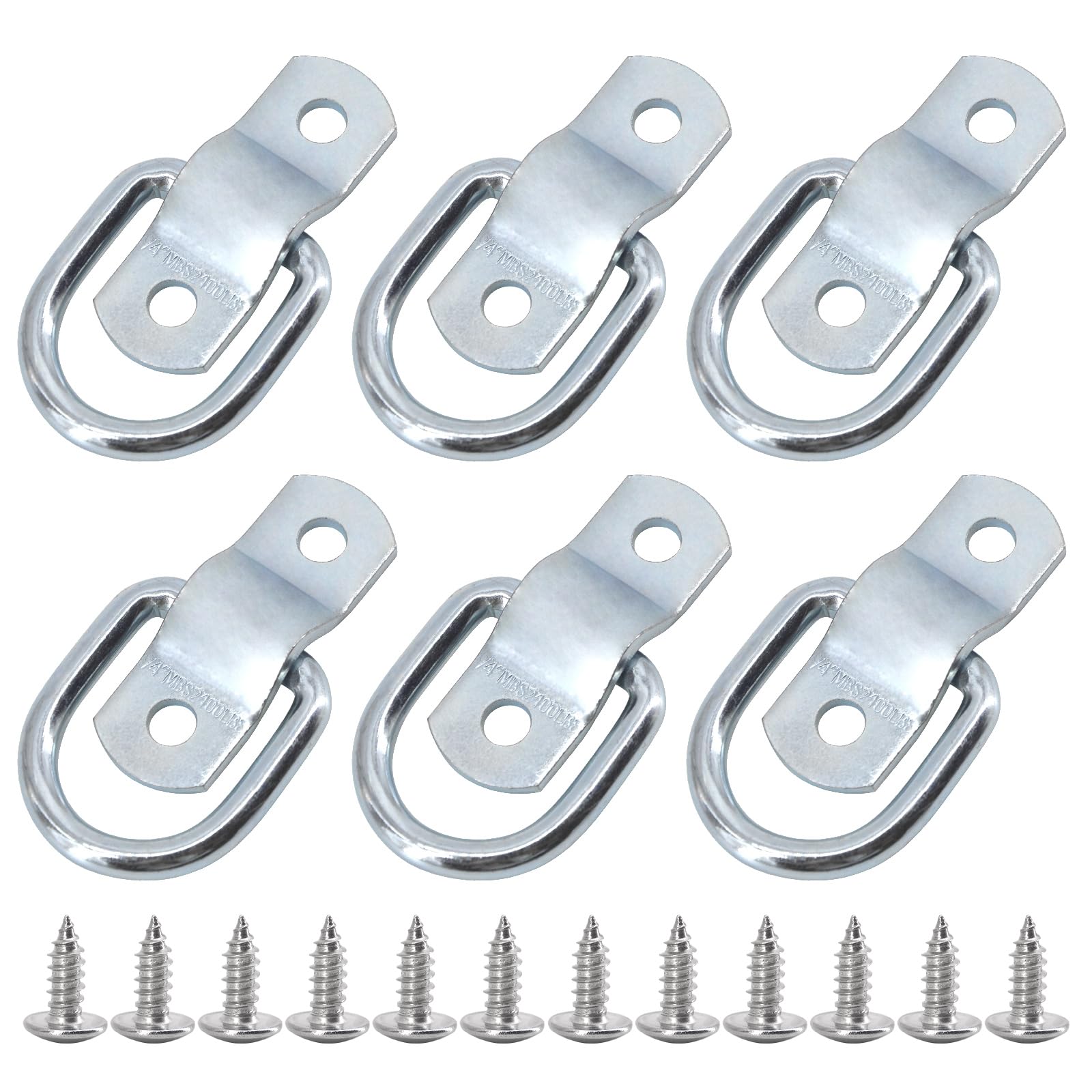 1/4" Heavy Duty Stainless Steel D-Ring Tie Down Anchors (2400 LB Capacity) - with Mounting Screws for Truck, Trailer, RV, Boat, Warehouse Cargo Control - Surface & Floor Mount Lashing Rings 6 Pcs