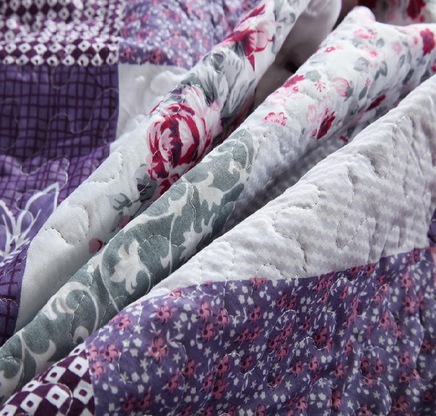 Qucover Cubrecama Patchwork para Cama 150 180,Colcha nordica bouti de piqué,Manta con Fundas de Almohada,Retazos Reversible para Matrimonio Verano King Size (Patchwork Púrpura, 230x250cm+50x70cm*2)