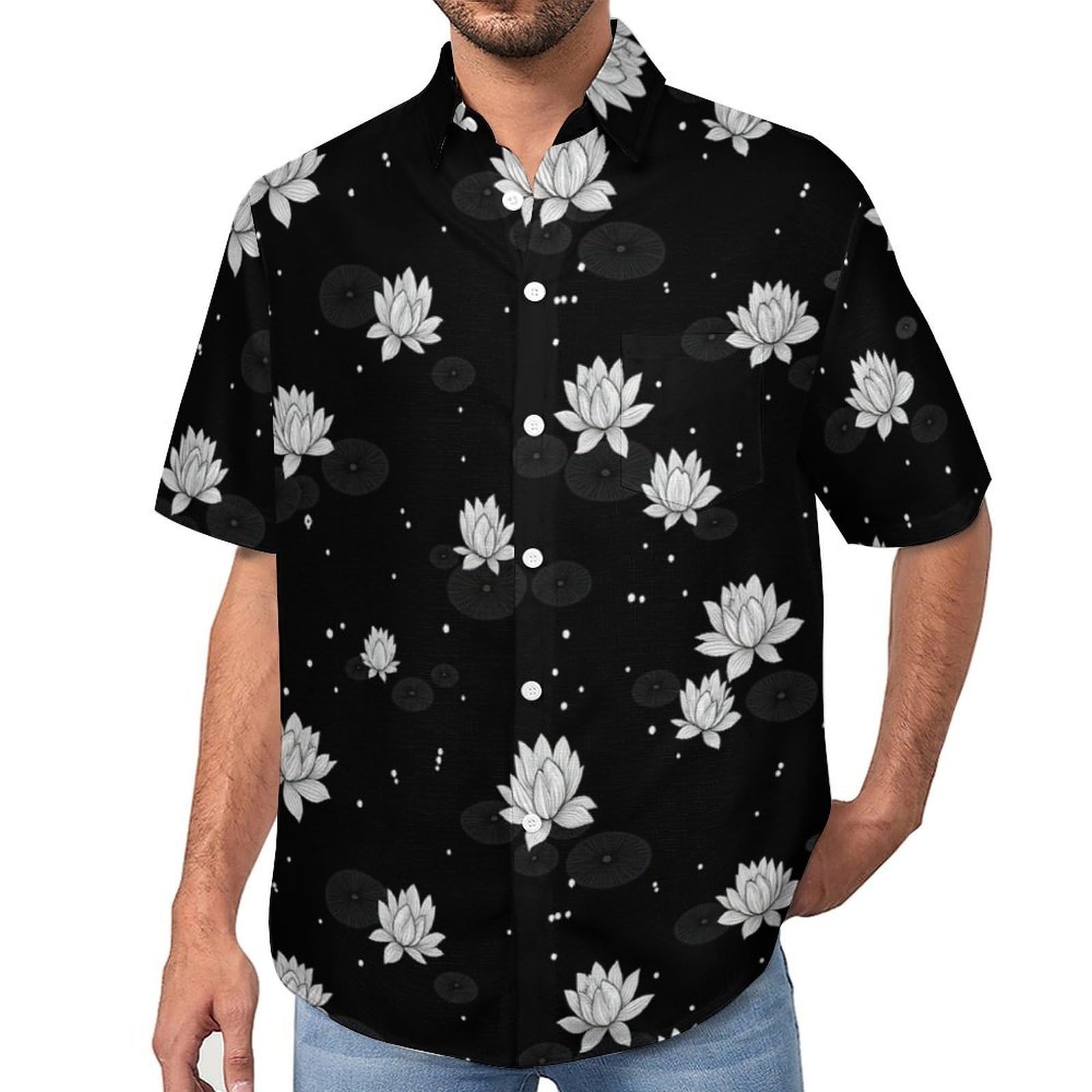 Funky Camicia Hawaiana Uomo, Manica Corta Design Aloha Camicie con Bottoni, Estiva Camicie a Piccolo Fiore di Loto Casual Stampa Spiaggia Estate Disegno A Linee Camicia